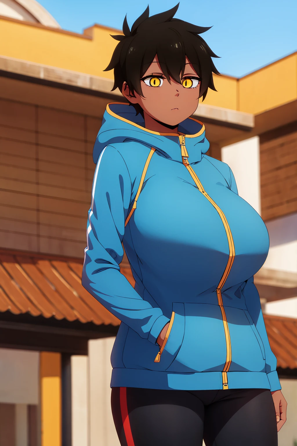 natsumikurobe, natsumi kurobe, short hair, black hair, (yellow eyes:1.3), (slit pupils:1.5), dark skin, dark-skinned female,
BREAK jacket, pants, hood, zipper, tomboy,
BREAK outdoors, city,
BREAK looking at viewer, (cowboy shot:1.5),
BREAK (masterpiece:1.2), best quality, high resolution, unity 8k wallpaper, (illustration:0.8), (beautiful detailed eyes:1.6), extremely detailed face, perfect lighting, extremely detailed CG, (perfect hands, perfect anatomy), gigantic breast,