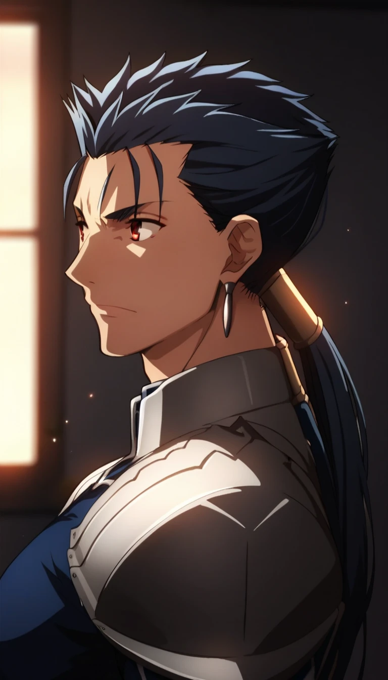 score_9_up, score_8_up, score_7_up, source_anime, detailed face,detailed body,detailed eyes,perfect eyes, Highest Quality, lancer_fsn, blue hair, red eyes, long hair, ponytail, spiked hair
fate/stay night
earrings, jewelry
armor, shoulder armor,From side