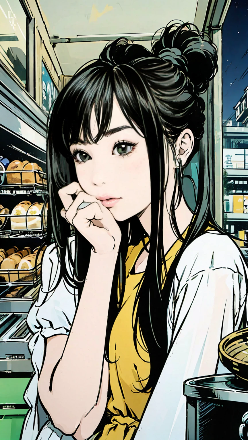 (masterpiece, best quality), Beautiful woman, Printed Cropped Turtleneck Shirt, skirt, curls, Ponytail, Asymmetrical bangs, waving at viewer, Perfect face, Pretty Face, Tempting, big、beautiful eyes, Gentle smile, Perfect slim figure, City Streets, (outdoor), Seoul, Vibrant colors(((Full and soft breasts,)))(((Large Breasts))) (((Cleavage)))