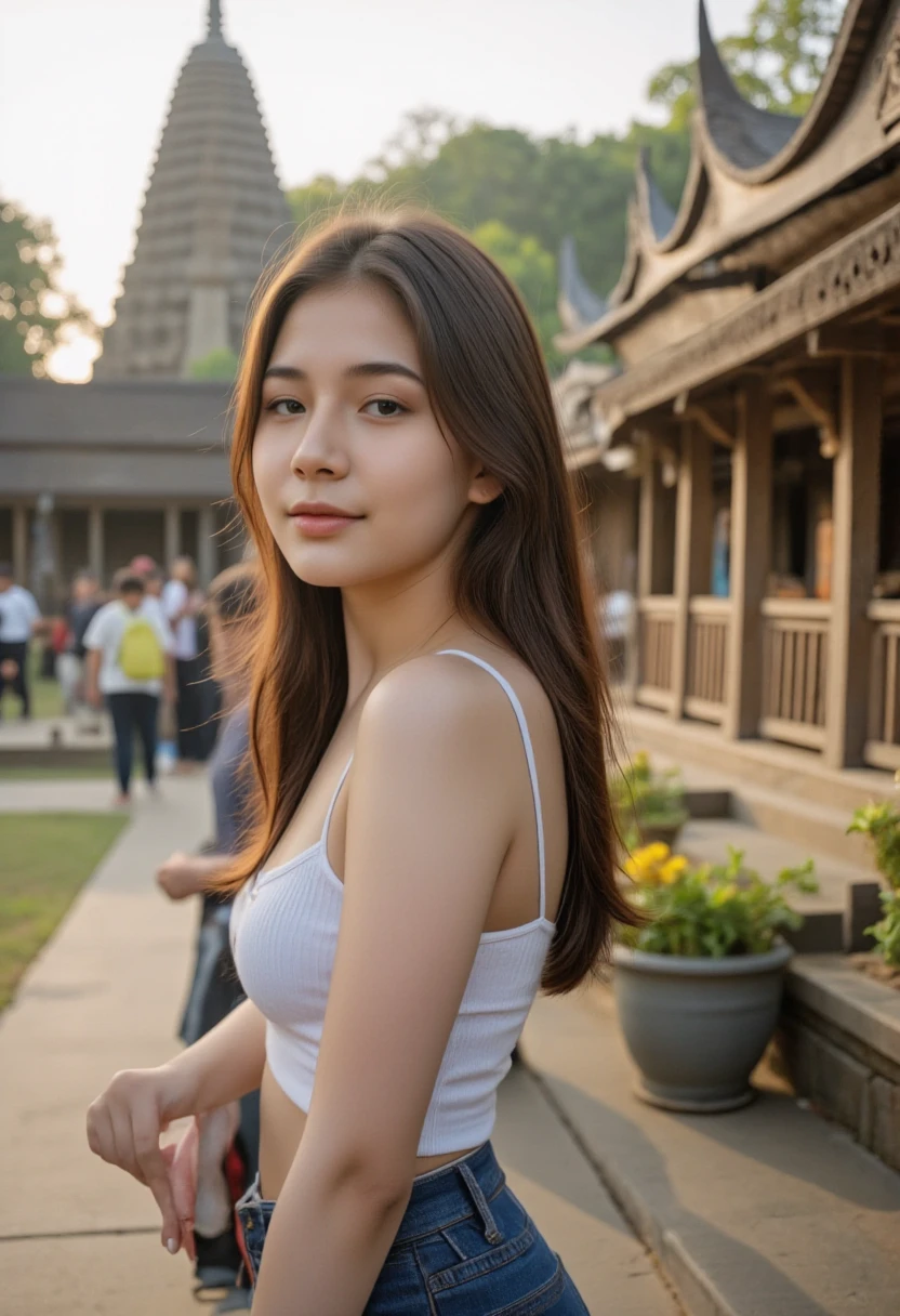 Beautiful Asian woman ,  standing in front of Jawa Temple.  looking at the audience