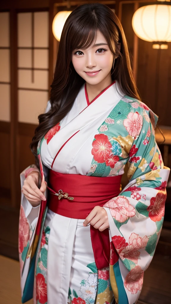 Top quality, one beautiful woman, wearing a kimono, 35mm lens, f/1, cowboy shot, (white background: 1.3), Showcasing cleavage, in the Japanese-style room