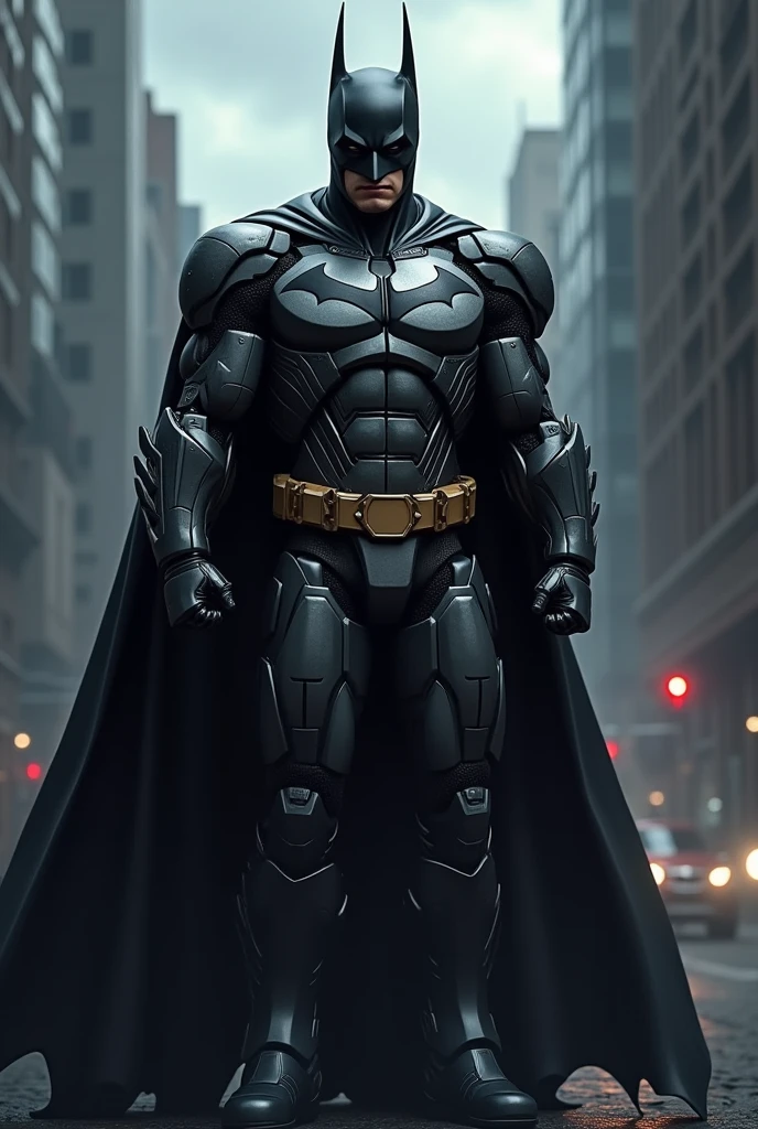 Batman in very masculine pose, black and white , background should be vibrant and bright , behind batman there is his bat vehicle, batman have details in his suit, below the surface looks smoky and dark whole image is black & white except background there is little touch of building not detailed