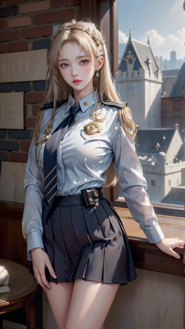 ((A policewoman standing in front of a brick wall)),Highest quality work,Live-action work,Ultra Premium Graphics,8K HD CG Works,High Quality Graphics,High-definition CG works,10x pixels,Ultra-fine detail：1.1,High level of technical detail：1.1 Photorealistic,Natural light：1.5. Lighting Effects（Virtual Lighting Effects：1． 8）、（Golden White Shorthair）、（Bob Hair）、Thin eyebrows、High nose、Nice red lips、Rose Cheek、Casual makeup face、Cute Face、Perfectly balanced face、Light-toned foundation。 A foundation that enhances the transparency of your skin。 ((female officer:1.5)),((Navy blue jacket with emblem on chest)),((Semi-transparent light blue blouse)),((Navy blue tight skirt))。40k, photograph, On the table, Highest quality, Rain Background, ((1.A girl with beautiful eyes and light hair, White skin, Mr.A Pose.((Medium chest::1.1)), Highest quality, On the table, Ultra-high resolution, (Real::1.4), RAWphotograph, (Perfect figure), (slim::1. 3), Slim abdomen, Perfect slim figure, Dynamic Pose, one person, Cold light 12000K, Fine face and skin texture, Fine grain, Realistic eyes, Beautiful fine grain, (real skin), charm, Ultra-high resolution, surreal, Very fine,Long legs、High heels、（Smile）、（I see white panties、