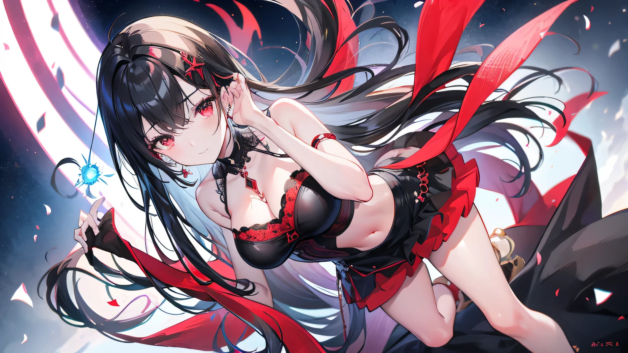 (Exquisite eyes),(Clear and beautiful eyes:1.61),masterpiece, 1 young girl,(Black clothes and some red gems), Black long hair, (She has a huge red gem on her chest), Good Hand,((The Havoc of StarCraft)),full-body shot,Fighting Stance,(Red Eyes:1.466),short and small,(Very big breasts:1.35),(Pretty Face),(full-body shot:1.33),Beautiful hands
