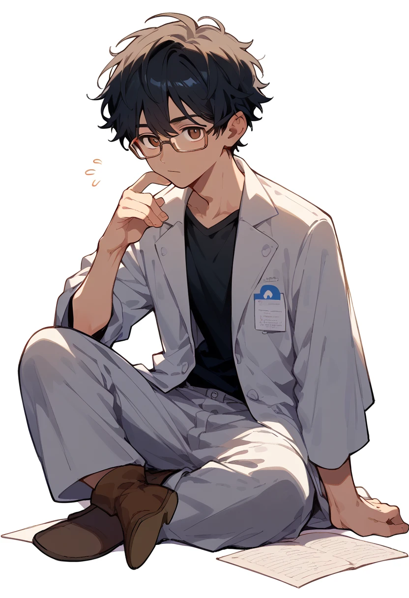 masterpiece, (score_9,score_8_up,score_7_up,score_6_up),1 man, brown eyes, {slender eyes}, nurse-teacher, 30 years old, black hair, white lab coat, black shirt, glasses, long pants, brown boots, white background, chibi only,chibi,