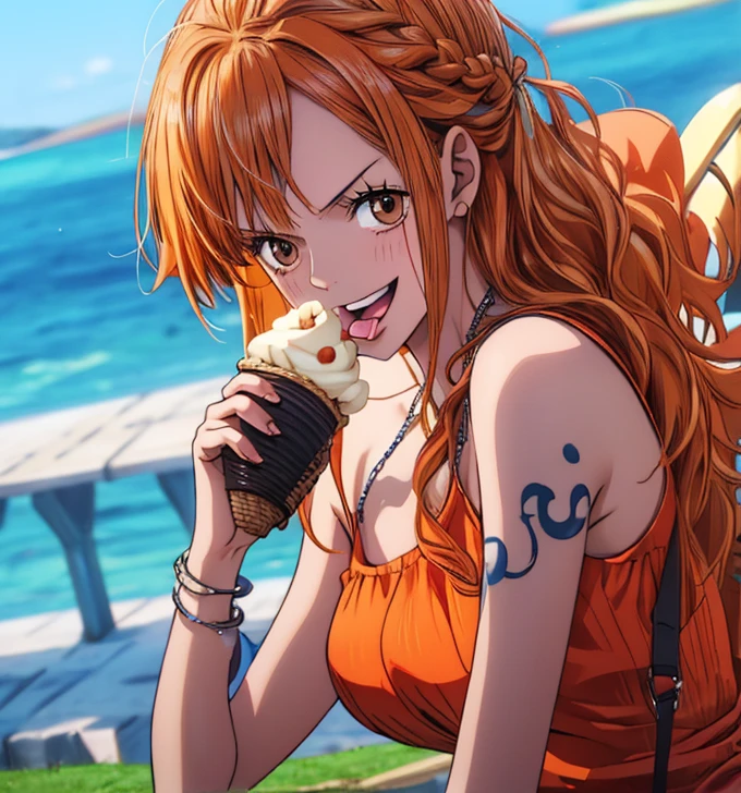 Hyperphotorealistic, beautiful lascivious woman kissing fruit in wet thin ultra micro bikini, putting a lot of fruit on her breasts, cheerful, sunny beach, making super details, pink wavy hair