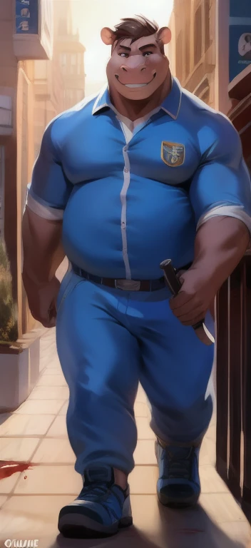 polar bone, police, muscular, blue eyes, blushing