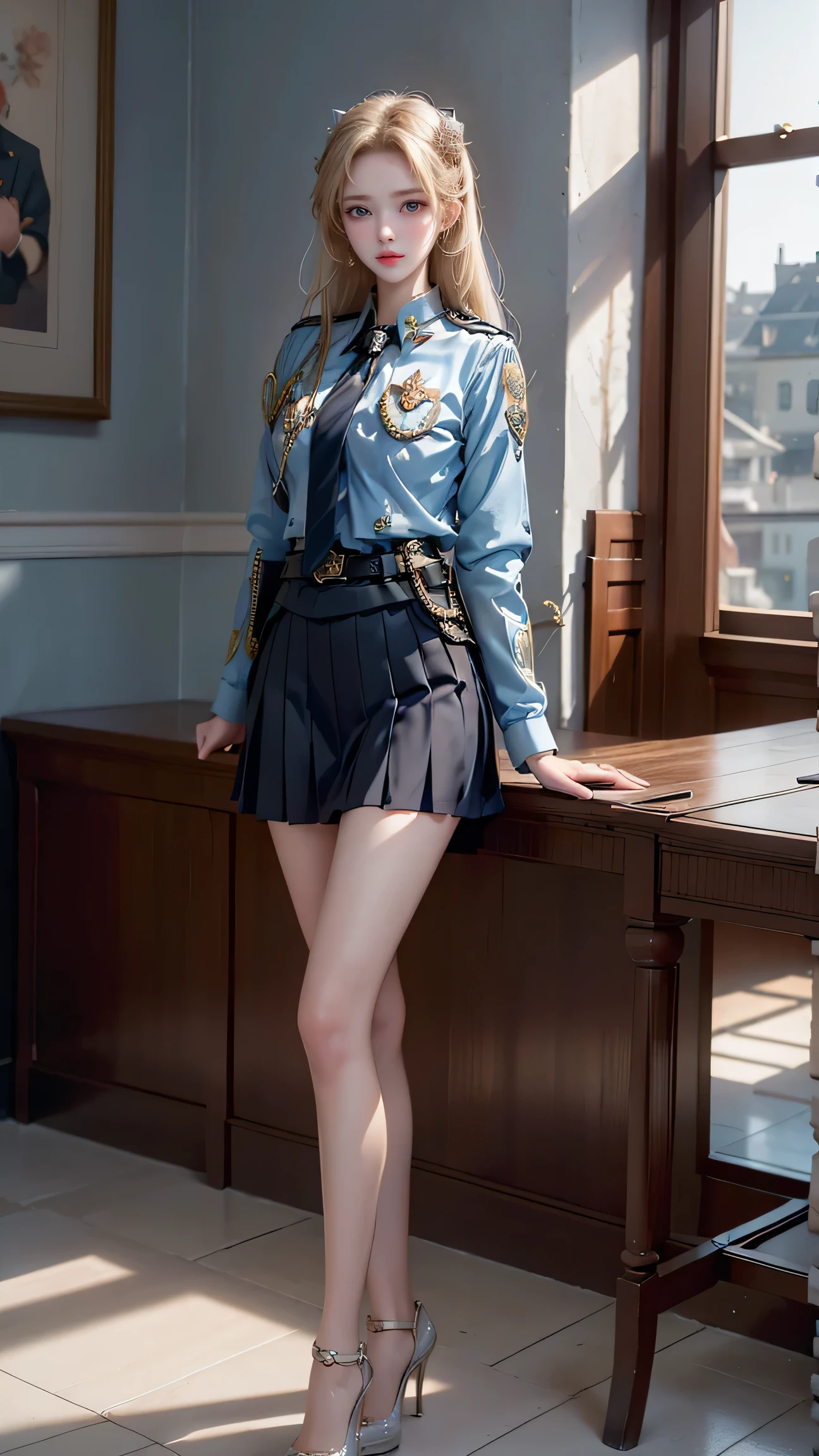 ((A policewoman standing in front of a brick wall)),Highest quality work,Live-action work,Ultra Premium Graphics,8K HD CG Works,High Quality Graphics,High-definition CG works,10x pixels,Ultra-fine detail：1.1,High level of technical detail：1.1 Photorealistic,Natural light：1.5. Lighting Effects（Virtual Lighting Effects：1． 8）、（Golden White Shorthair）、（Bob Hair）、Thin eyebrows、High nose、Nice red lips、Rose Cheek、Casual makeup face、Cute Face、Perfectly balanced face、Light-toned foundation。 A foundation that enhances the transparency of your skin。 ((female officer:1.5)),((Navy blue jacket with emblem on chest)),((Semi-transparent light blue blouse)),((Navy blue tight skirt))。40k, photograph, On the table, Highest quality, Rain Background, ((1.A girl with beautiful eyes and light hair, White skin, Mr.A Pose.((Medium chest::1.1)), Highest quality, On the table, Ultra-high resolution, (Real::1.4), RAWphotograph, (Perfect figure), (slim::1. 3), Slim abdomen, Perfect slim figure, Dynamic Pose, one person, Cold light 12000K, Fine face and skin texture, Fine grain, Realistic eyes, Beautiful fine grain, (real skin), charm, Ultra-high resolution, surreal, Very fine,Long legs、High heels、（Smile）、（I see white panties、