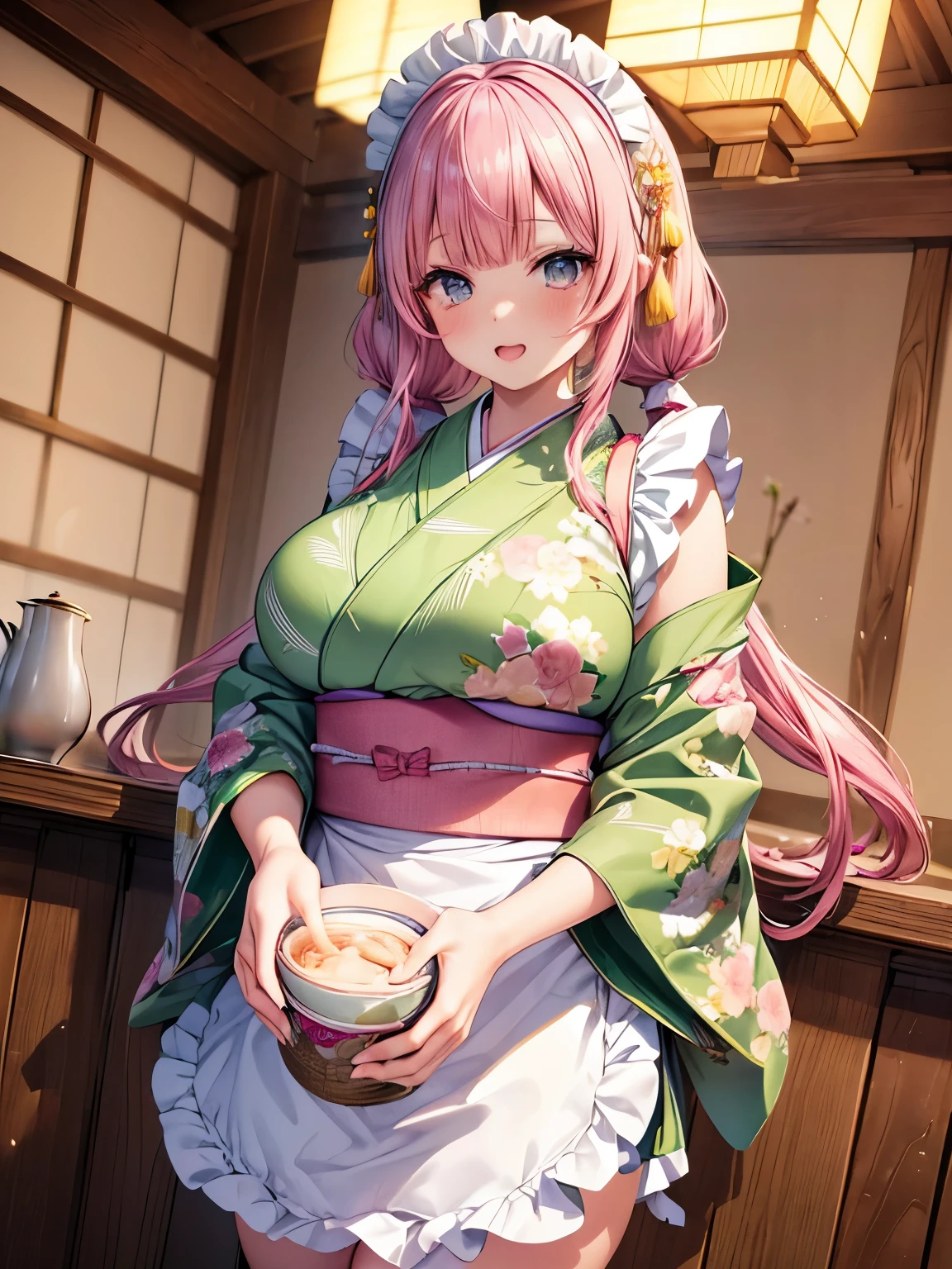 Beautiful sparkling eyes,とてもかわいいface, Beautiful Japanese Girl,( solo girl),(gigantic breasts),( Laugh with your mouth wide open ,とても幸福な笑face),(Pink Hair,Cross Bangs ),(pink low twintails hair:1.3),( big light blue eyes ),View Viewer,break, kimono,(Japanese style maid costume,Green kimono,Floral,Ruffle cuff , Frilled Apron , waist apron :1.4),( thigh high socks ),( Maid Headdress),(Hiding the skin,Formal Wear:1.3),Japanese Style Coffee Shop , standing, cowboy shot,( cinematic angle),(masterpiece,  top quality), Masterpiece ,とても美しい  Details CG, ( Details_face:1.2) ,4K,8k ,  perfect hands, Perfect Anatomy