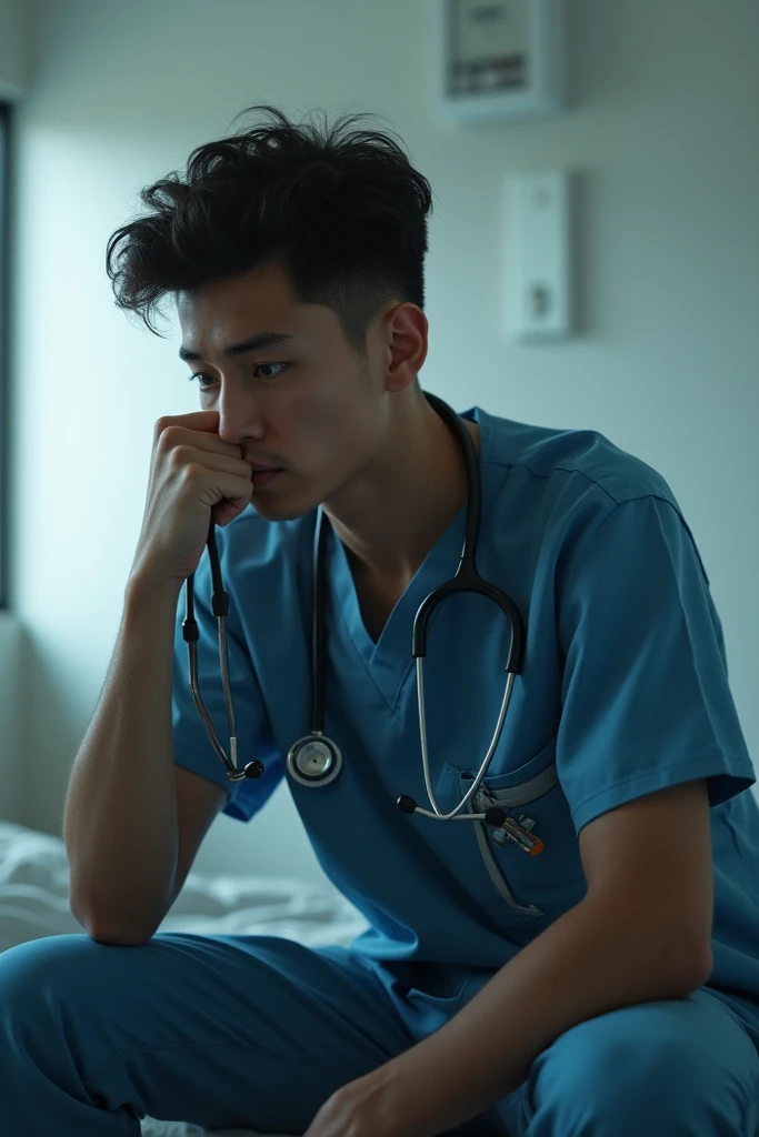 1 boy, handsome male, handsome face, artist:ciloranko, depressed, half closed eyes, Sitting on hospital bed, wearing hospital gown, hospital ward background, window, dusk, best quality, amazing quality, very aesthetic, absurdres, Ray tracing, dramatic shadows