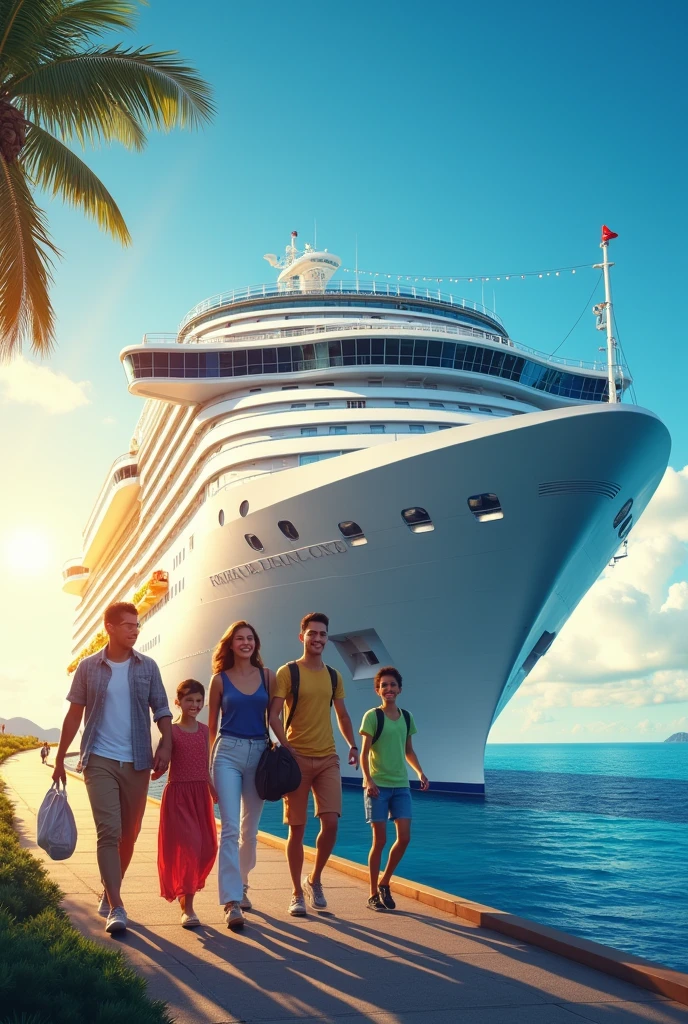 Global perspective,There are a lot of s in bikinis playing near the oversized cruise ship