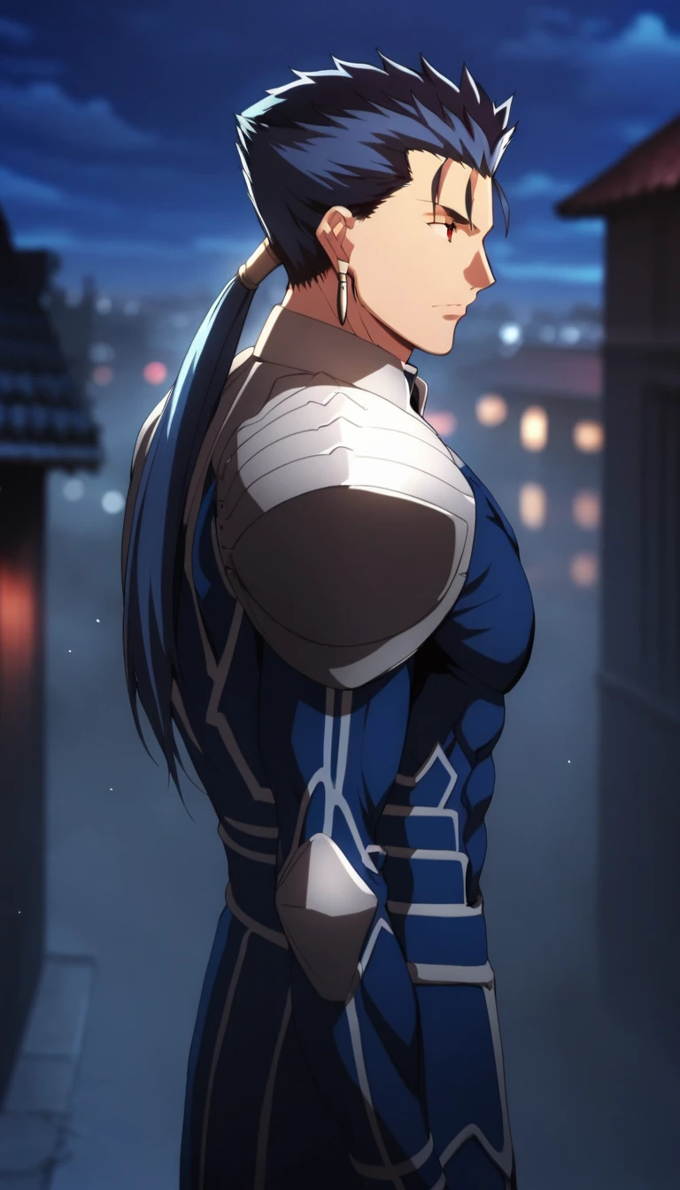 score_9_up, score_8_up, score_7_up, source_anime, detailed face,detailed body,detailed eyes,perfect eyes, Highest Quality, lancer_fsn, blue hair, red eyes, long hair, ponytail, spiked hair
fate/stay night
earrings, jewelry
armor, shoulder armor,From side,fullbody,CITY,night,rooftop