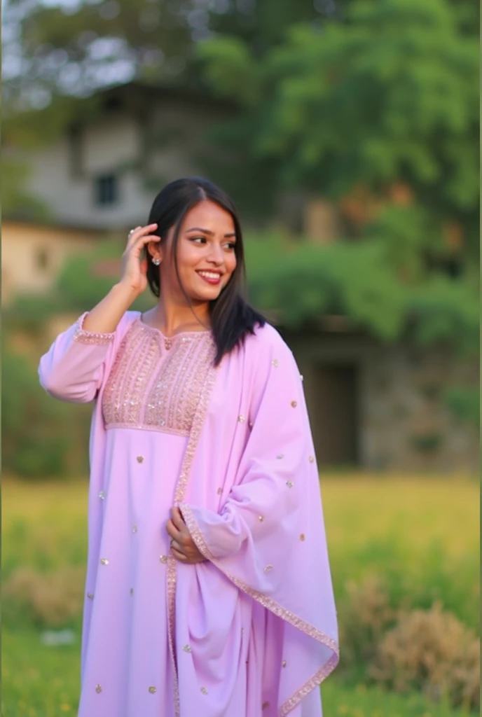 24 year old Indian lady who is 6 feet tall, has a big figure, big boobs, big ass, is wearing a pink cotton salwar kurta, has a dupatta on her head, her eyes and nose are very beautiful, she is not wearing salwar, her big fat thighs are very beautiful