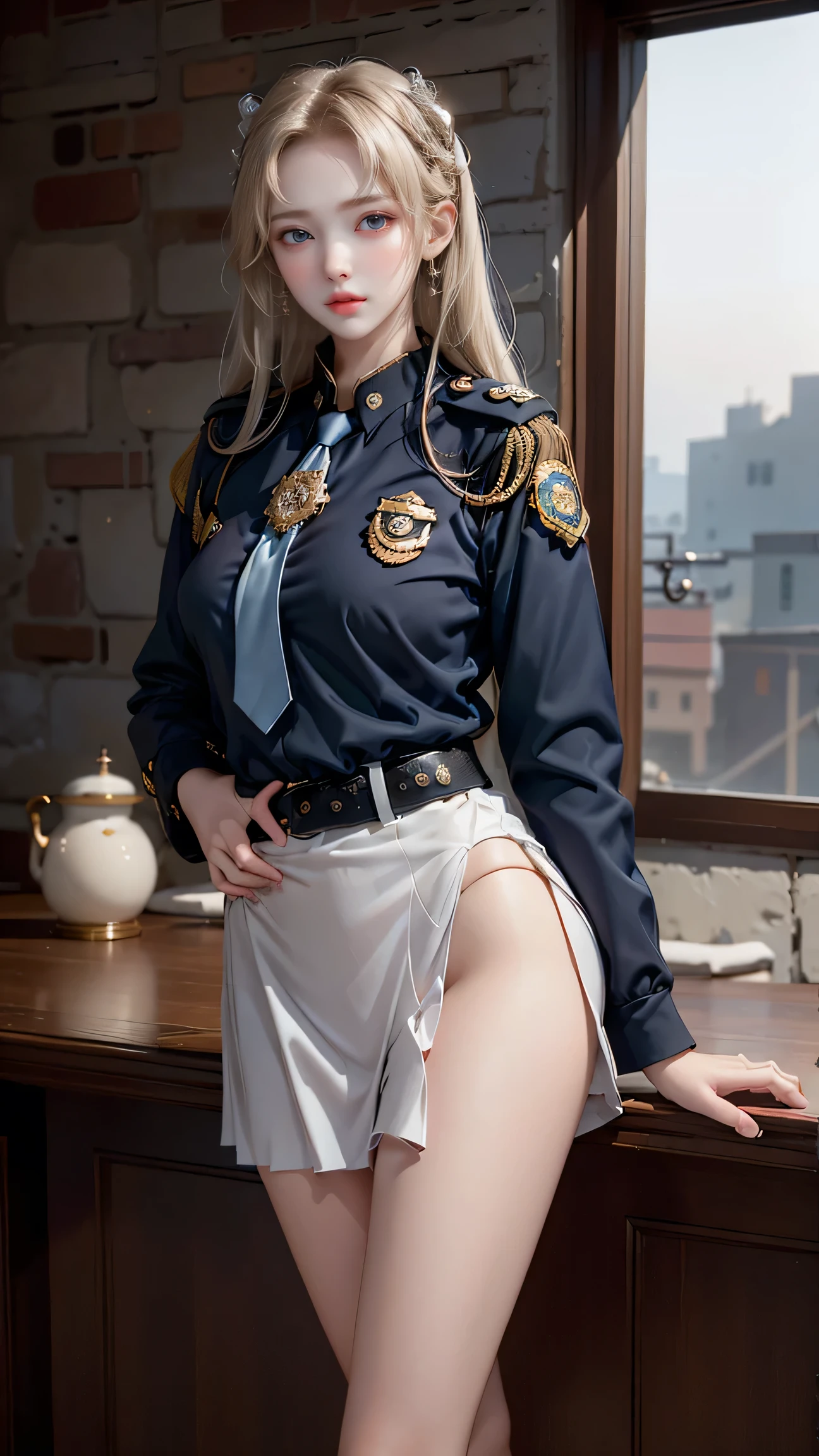 ((A policewoman standing in front of a brick wall)),Highest quality work,Live-action work,Ultra Premium Graphics,8K HD CG Works,High Quality Graphics,High-definition CG works,10x pixels,Ultra-fine detail：1.1,High level of technical detail：1.1 Photorealistic,Natural light：1.5. Lighting Effects（Virtual Lighting Effects：1． 8）、（Golden White Shorthair）、（Bob Hair）、Thin eyebrows、High nose、Nice red lips、Rose Cheek、Casual makeup face、Cute Face、Perfectly balanced face、Light-toned foundation。 A foundation that enhances the transparency of your skin。 ((female officer:1.5)),((Navy blue jacket with emblem on chest)),((Semi-transparent light blue blouse)),((Navy blue tight skirt))。40k, photograph, On the table, Highest quality, Rain Background, ((1.A girl with beautiful eyes and light hair, White skin, Mr.A Pose.((Medium chest::1.1)), Highest quality, On the table, Ultra-high resolution, (Real::1.4), RAWphotograph, (Perfect figure), (slim::1. 3), Slim abdomen, Perfect slim figure, Dynamic Pose, one person, Cold light 12000K, Fine face and skin texture, Fine grain, Realistic eyes, Beautiful fine grain, (real skin), charm, Ultra-high resolution, surreal, Very fine,Long legs、High heels、（Smile）、（I see white panties、
