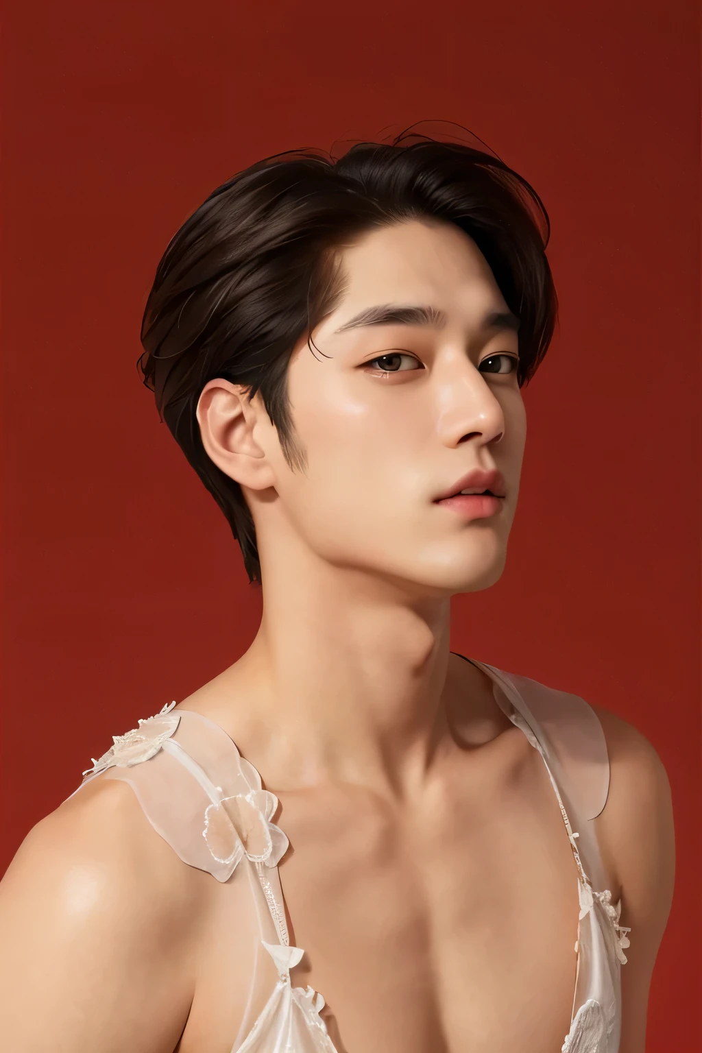 Korean male portrait, Korean handsome face, perfect face, muscular body, half naked, big breasts muscle, deliberate, masterpiece, best quality, highest quality, cinematic lighting, very handsome, ultra realistic, gorgeous,
