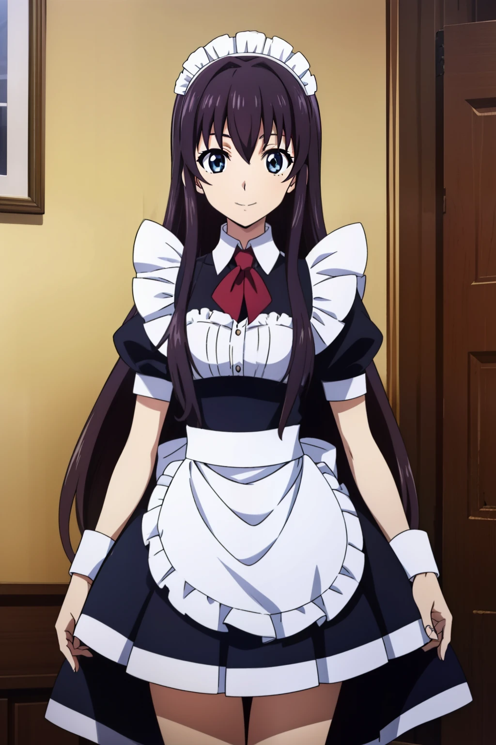 1 girl, cute, black hair, long hair, 髪band, lift up skirt, ((Bowing)), (smile), (Gothic coffee shop), ((maid)), (anime cels style, Masterpiece, best quality, high resolution, anime colored, megami magazine:1.2, anime poster style, anime keyvisual, sharp, 8k, photorealistic), beautiful eyes