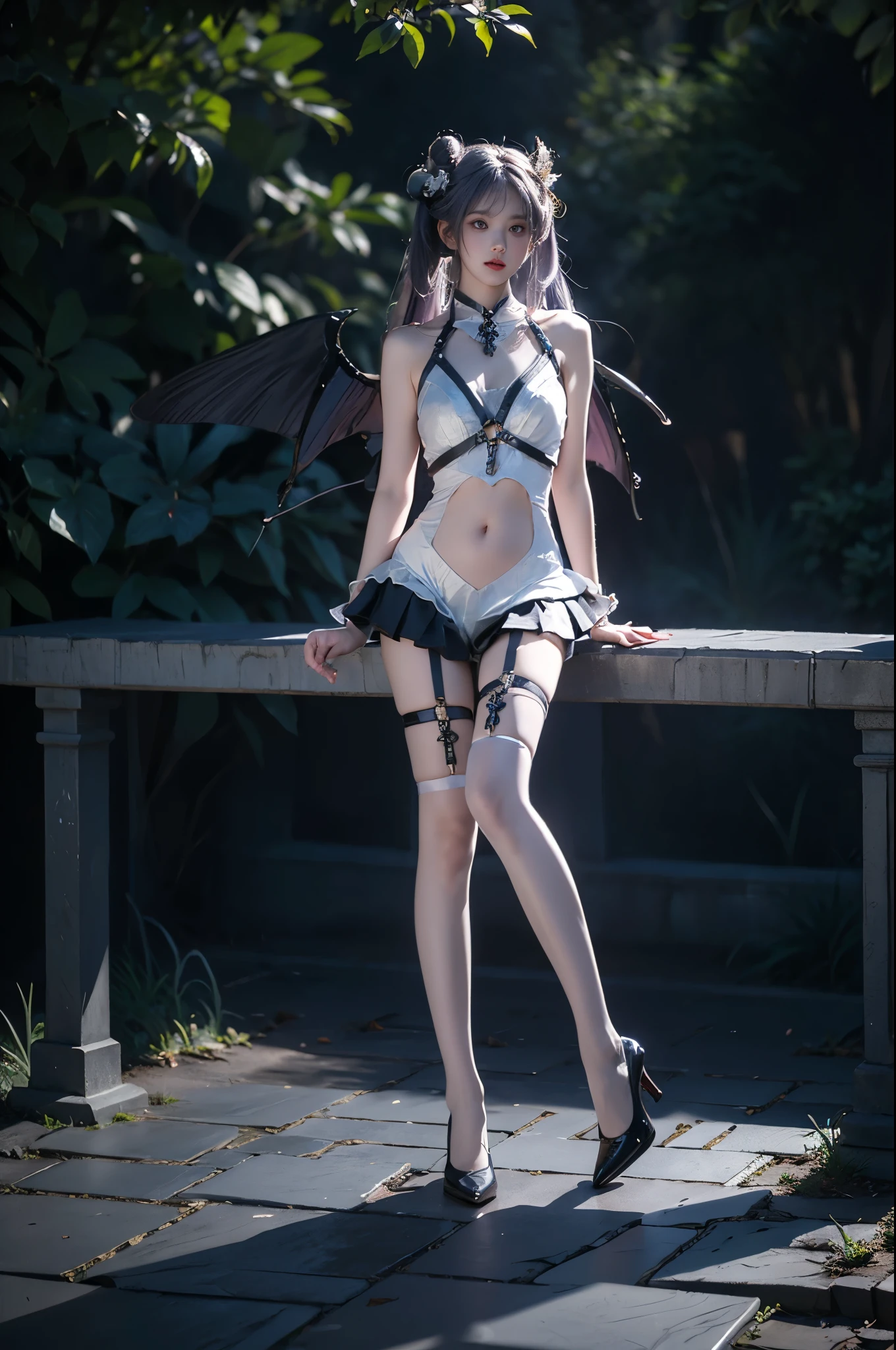 keqing cosplay costume,keqing,alternate costume,long hair,purple hair,twintails,cone hair bun,dress,leotard,skirt,harness,see-through navel,hair ornament,ribbon,demon wings,wrist cuffs,thigh strap,thighhighs,high heels ,,(photorealistic:1.2), beautiful young woman, (full body shot:1.4), elegant pose, sitting on stone bench, (Very short hemline), (perfect legs:1.3), (Correct and nice leg shape:1.2), anatomically correct legs, crossed legs, visible legs, proper leg anatomy, (dark moody atmosphere:1.3), (rococo style:1.1), soft pastel colors, (plasma blue flames:1.2), (glowing butterflies:1.2), ethereal lighting, surreal elements, cinematic composition, intricate details, high fashion, flowing dress, perfect symmetry, studio lighting, high quality, masterpiece, 8k uhd, ornate details, dramatic shadows, rule of thirds composition,wide shot, full figure, clear view, professional photography, fashion photography style, perfect composition, golden ratio,detailed skin texture, subsurface scattering, physically based rendering, volumetric lighting, ray tracing, ambient occlusion, detailed leg muscle definition, smooth skin, perfect proportions