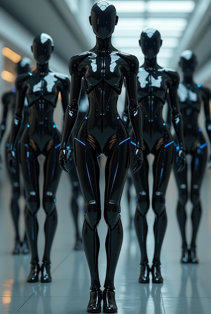 Multiple translucent, mysterious mechanical girls,
Futuristic girls,
All of them have beautiful human female faces.,
All are mechanical joint girls,
full body shot,
everyone is standing,
Everyone is showing each other their bodies,
futuristic city background