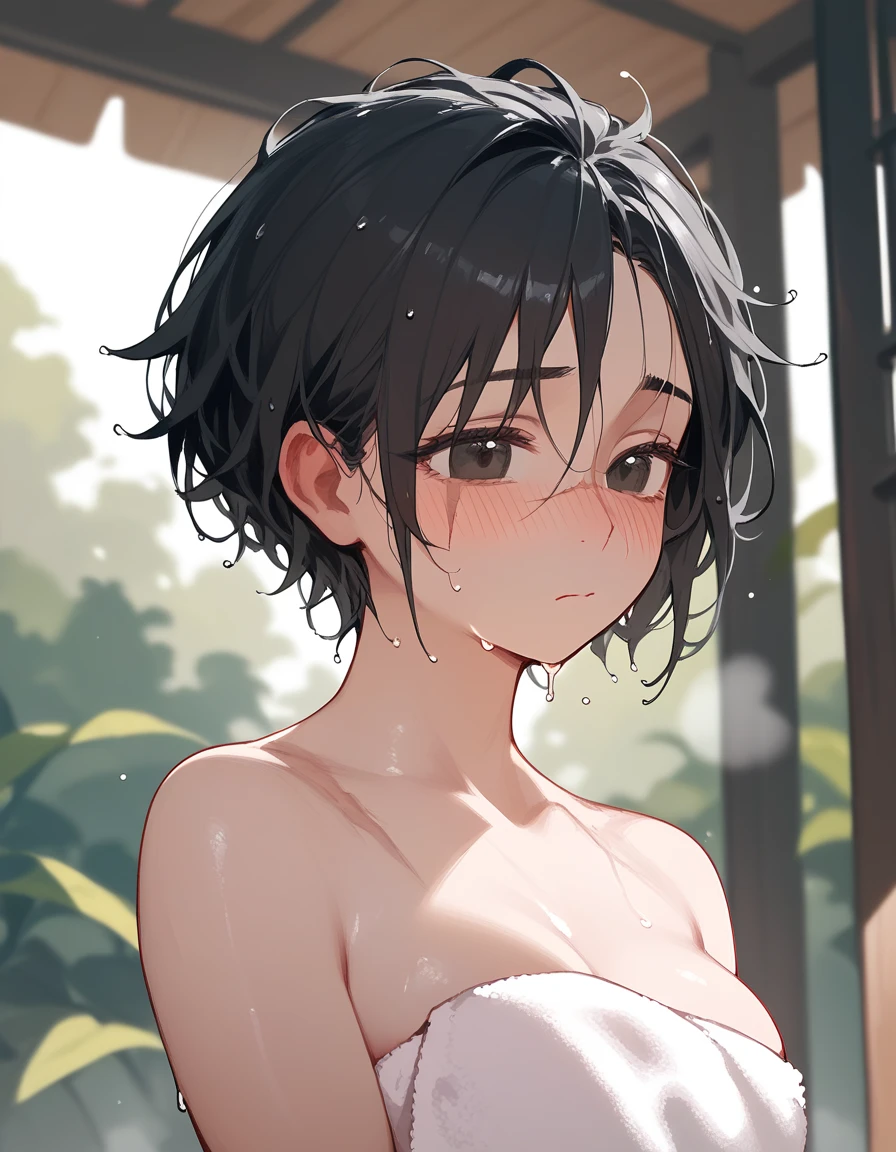  girl,Short hair, in black eyes, light black hair ,Scarred face, Nose Scar,towel,Wet body,shy,dizzy,Large scar ,beautiful,cute, blush face