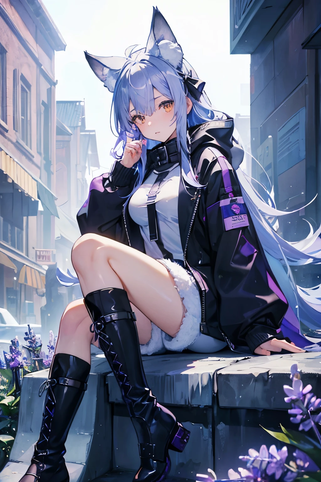 (( top quality)), (( high image quality)), ((masterpiece)), ( Details), 1 girl , ((Ice lavender hair)),Wolf ears and tail, Brown Eyes, long hair, Around town, Long Parka, Shorts, long boots, knee-high socks, Futuristic clothing, Big Breasts