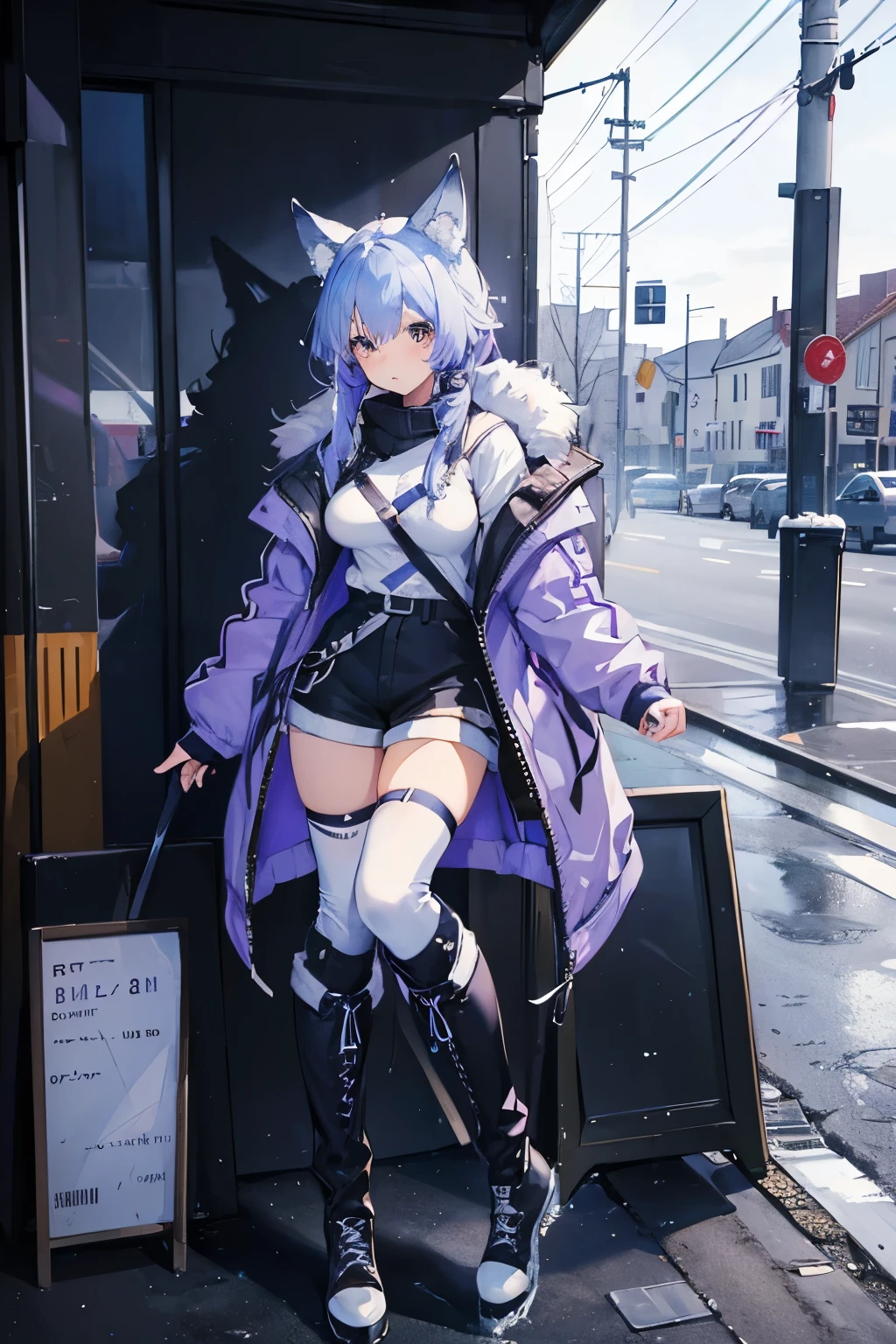 (( top quality)), (( high image quality)), ((masterpiece)), ( Details), 1 girl , ((Ice lavender hair)),Wolf ears and tail, Brown Eyes, long hair, Around town, Long Parka, Shorts, long boots, knee-high socks, Futuristic clothing, Big Breasts