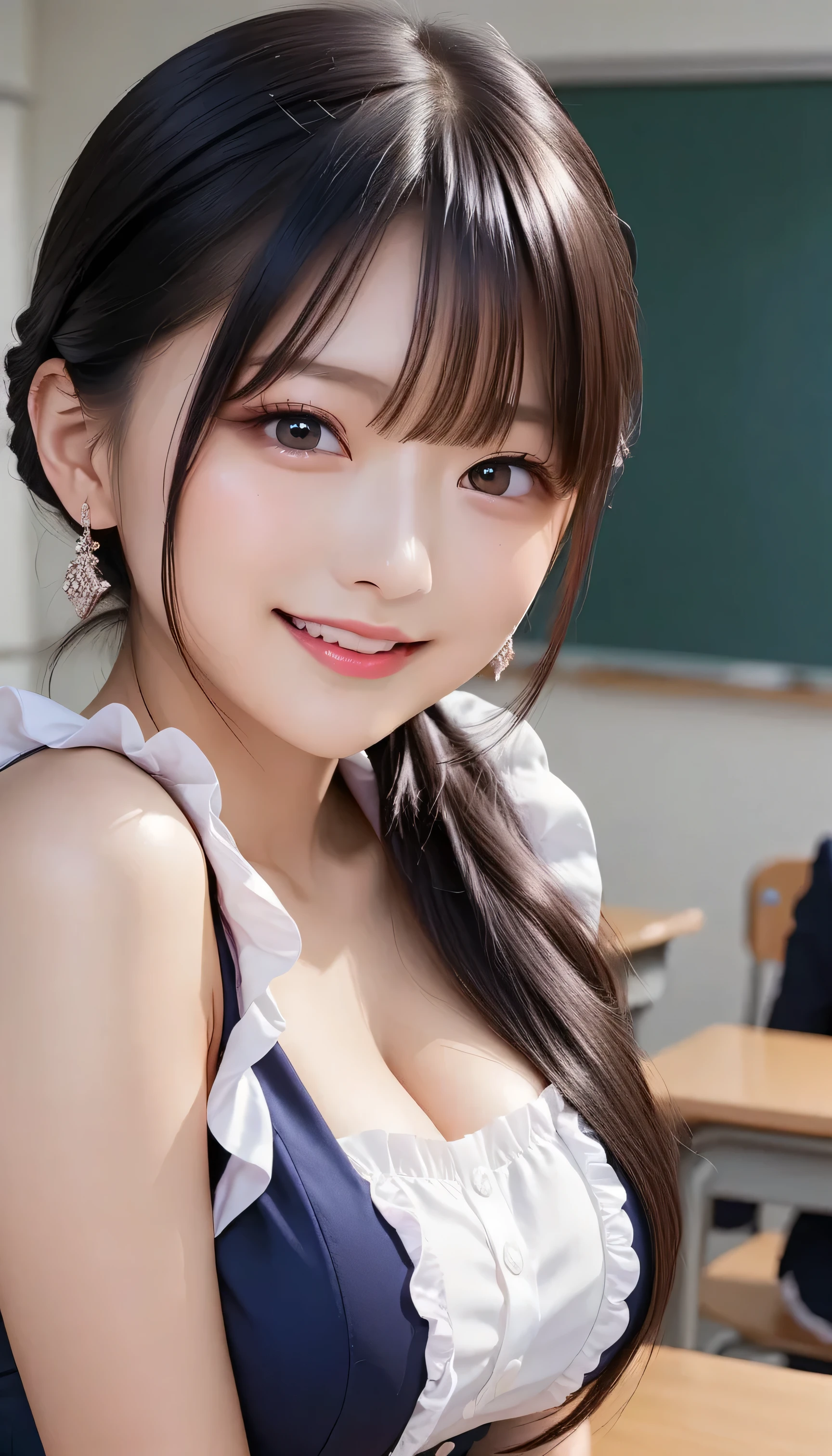    score_9,   score_8_up,   score_7_up, super detailed,   Hausmo Style   , 32K,      Masterpiece    ,   top quality, super high definition ,   beautiful face and eye details flooded the classroom,   beautiful Japanese woman   ,   black hair,      straight hair,smile,   Victorian maids and tights flooded the classroom ,   Turn her hands back  , Big Breasts ,   walking slowly  ,From a viewpoint,   viewers,   Rushed into the classroom 