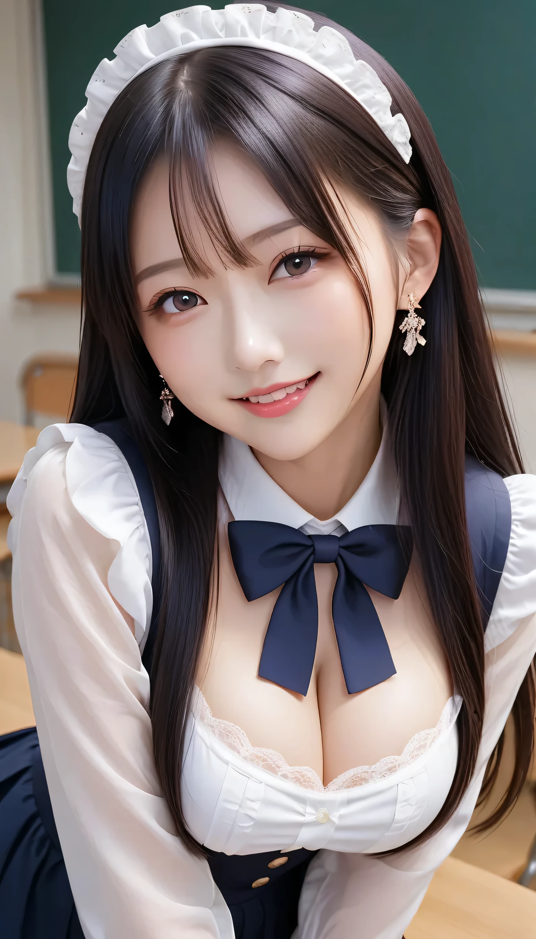    score_9,   score_8_up,   score_7_up, super detailed,   Hausmo Style   , 32K,      Masterpiece    ,   top quality, super high definition ,   beautiful face and eye details flooded the classroom,   beautiful Japanese woman   ,   black hair,      straight hair,smile,   Victorian maids and tights flooded the classroom ,   Turn her hands back  , Big Breasts ,   walking slowly  ,From a viewpoint,   viewers,   Rushed into the classroom 