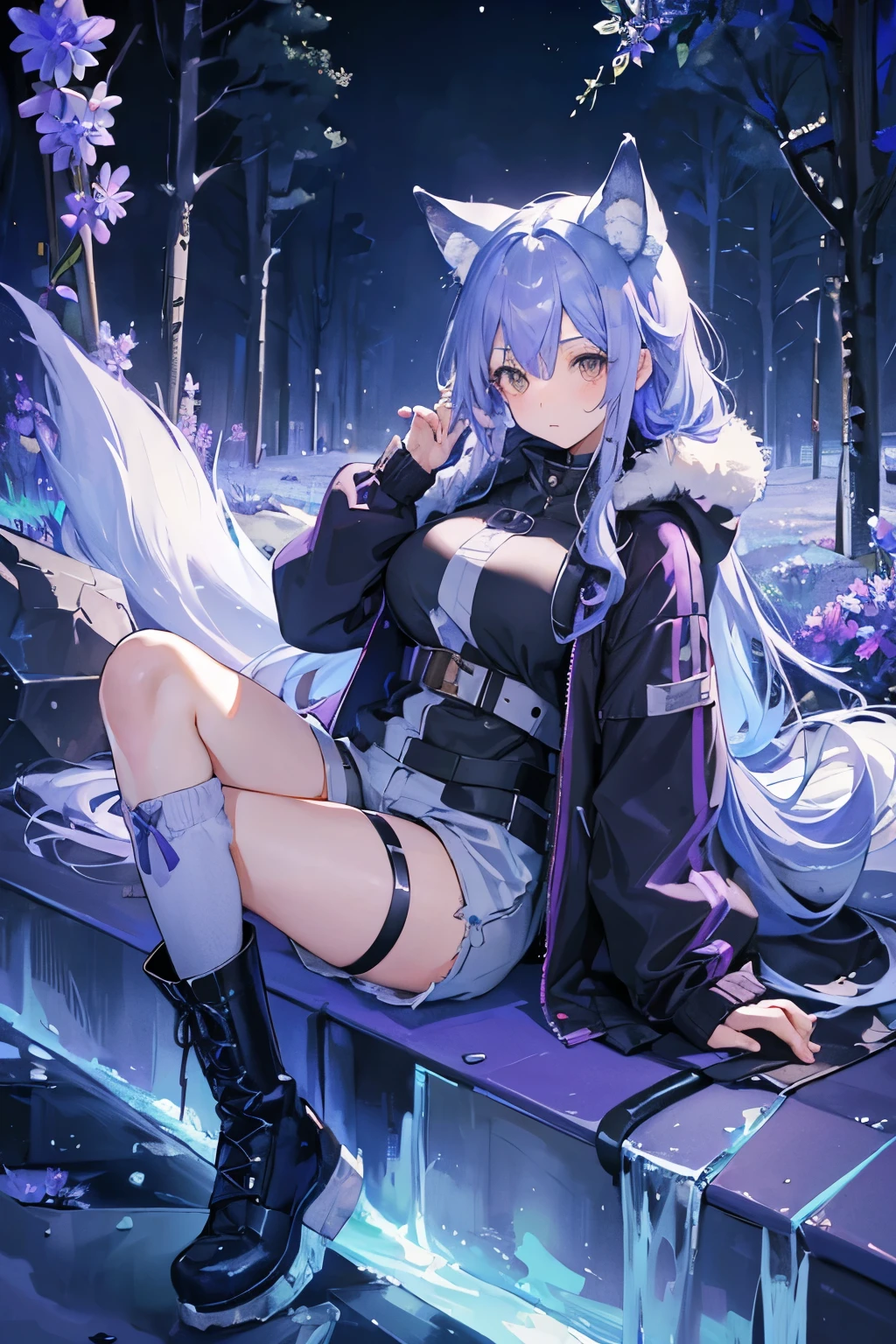 (( top quality)), (( high image quality)), ((masterpiece)), ( Details), 1 girl , ((Ice lavender hair)),Wolf ears and tail, Brown Eyes, long hair, Around town, Long Parka, Shorts, long boots, knee-high socks, Futuristic clothing, Big Breasts