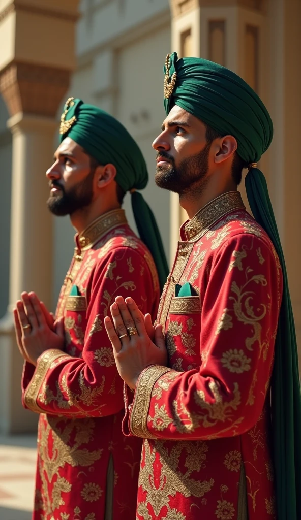 Four men doing namaste in front wearing coat pant or sherwani with pagdi
