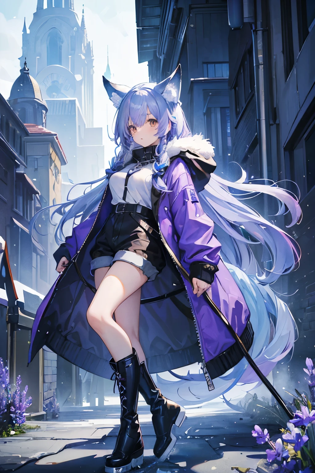 (( top quality)), (( high image quality)), ((masterpiece)), ( Details), 1 girl , ((Ice lavender hair)),Wolf ears and tail, Brown Eyes, long hair, Around town, Long Parka, Shorts, long boots, knee-high socks, Futuristic clothing, Big Breasts