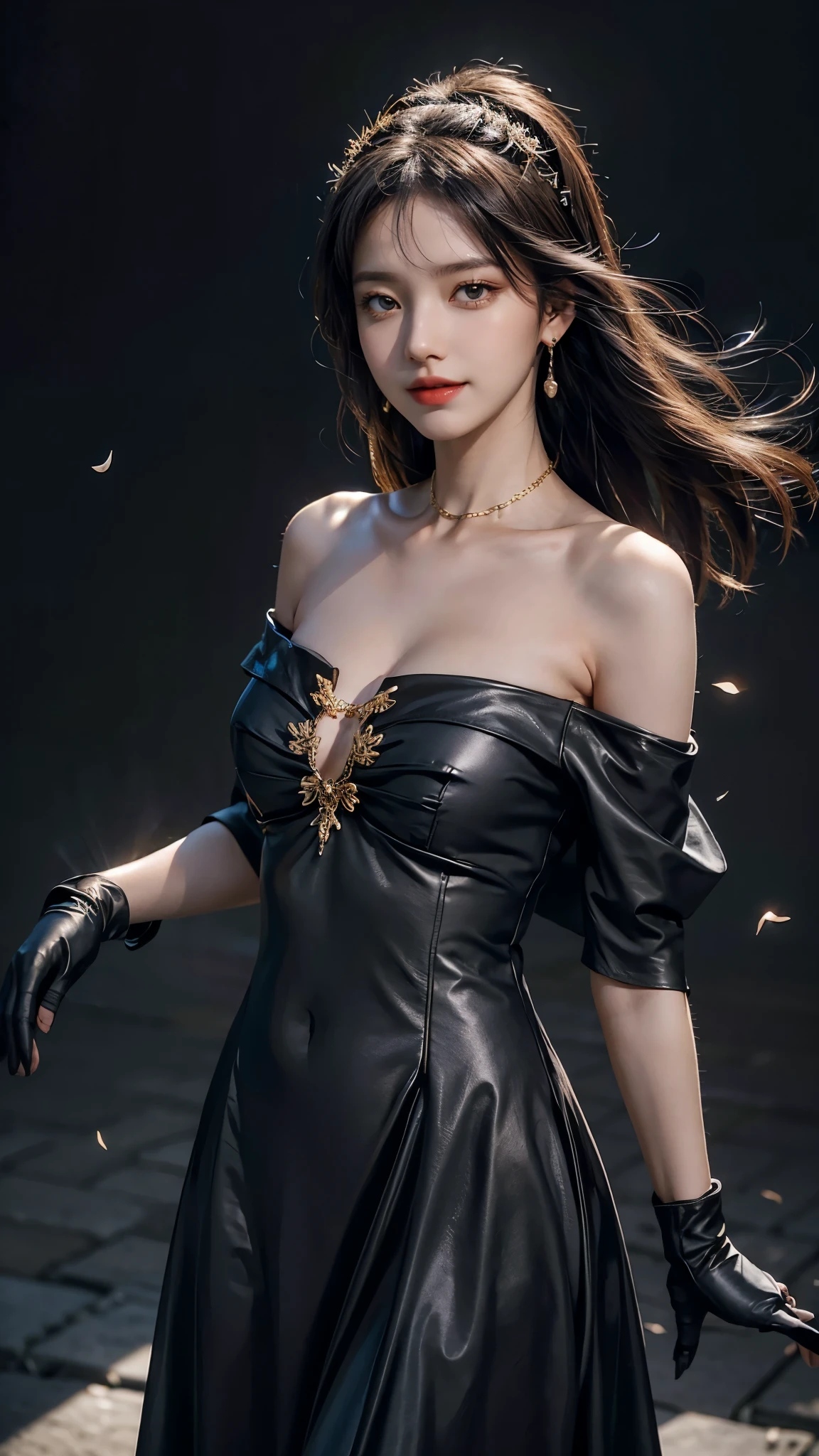 jorbria, angel wings, beautiful woman, (photorealistic), backlit, black background, black dress, black gloves, black hair, smile, cowboy shot, dress, earrings, floating hair, gloves, gold earrings, gold hair band, hair flower, hair ornament, ((hair band)), jewelry, light particles, long hair, look viewer, off-the-shoulder dress, off-shoulder, Petals, Side Rock, Solo, Spike, Beautiful Dress, Double-sided Fabric, ((Masterpiece))