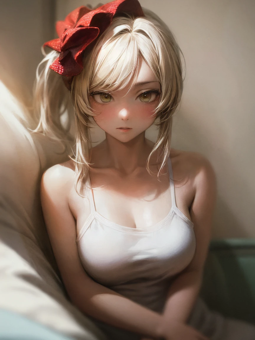 (masterpiece, highest quality:1.2),  1 girl, (Clear white skin) , 
 (red Polka Dot Camisole) 
, bed room
, (lots of drool), The body shakes violently,
 ((Hasselblad Photos)), [:(detailed face:1.2):0.2], 
, , Silver ponytail hairstyle , Big breasts , 