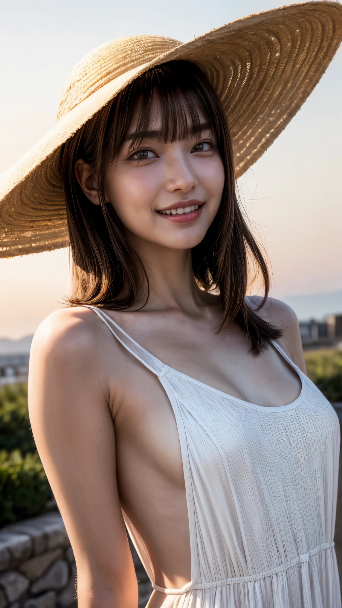 (nsfw),(censored turn off),(realistic, photo-realistic :1.37), (best quality, masterpiece:1.2), 8k, RAW photo, high resolution photograph, extremely detailed, intricate details, sharp details, sharp focus, (portrait, frontal photography), solo, 1girl, (flat chest, sundress, sunhat:1.2), ((big smile)), detailed face, detailed eyes, beautiful pupils, sophisticated nose, pale skin, fine-textured skin, collarbone, bare shoulders, (arms behind back), outdoors, magic hour, sunset, [Rei Ozono]