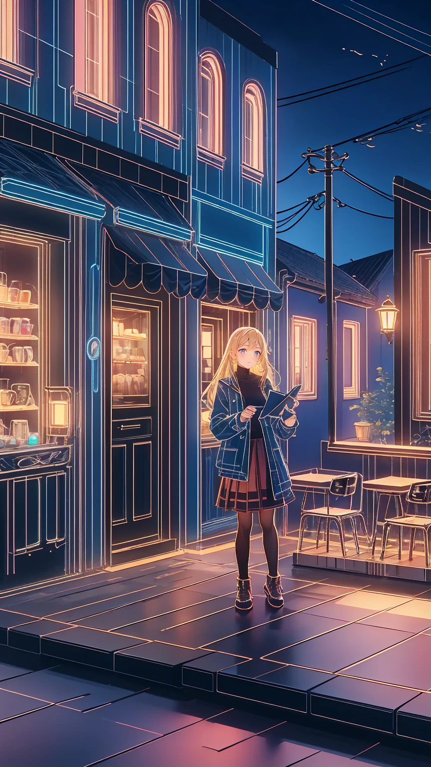 " Detailed illustration of a young girl standing in front of a cozy coffee shop.  she has long blond hair 、 wears a black turtleneck ,  red skirt , and、large plaid coat .  the coffee shop behind her 、 warm lighting with visible signs .  the mood is calm and peaceful 、 the sky is slightly overcast ,  should add coziness , Autumn atmosphere. The scene includes、 includes city elements such as signs and outdoor chairs .  The overall art style is soft 、 semi-realistic , with an anime-style aesthetic."
