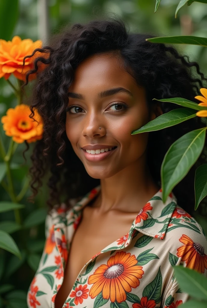 A Brazilian woman in a lush tropical garden, wearing an open shirt with a floral print, with a close-up capturing the harmonious beauty between her breasts and the natural flowers, showing off your natural charm and outgoing personality.