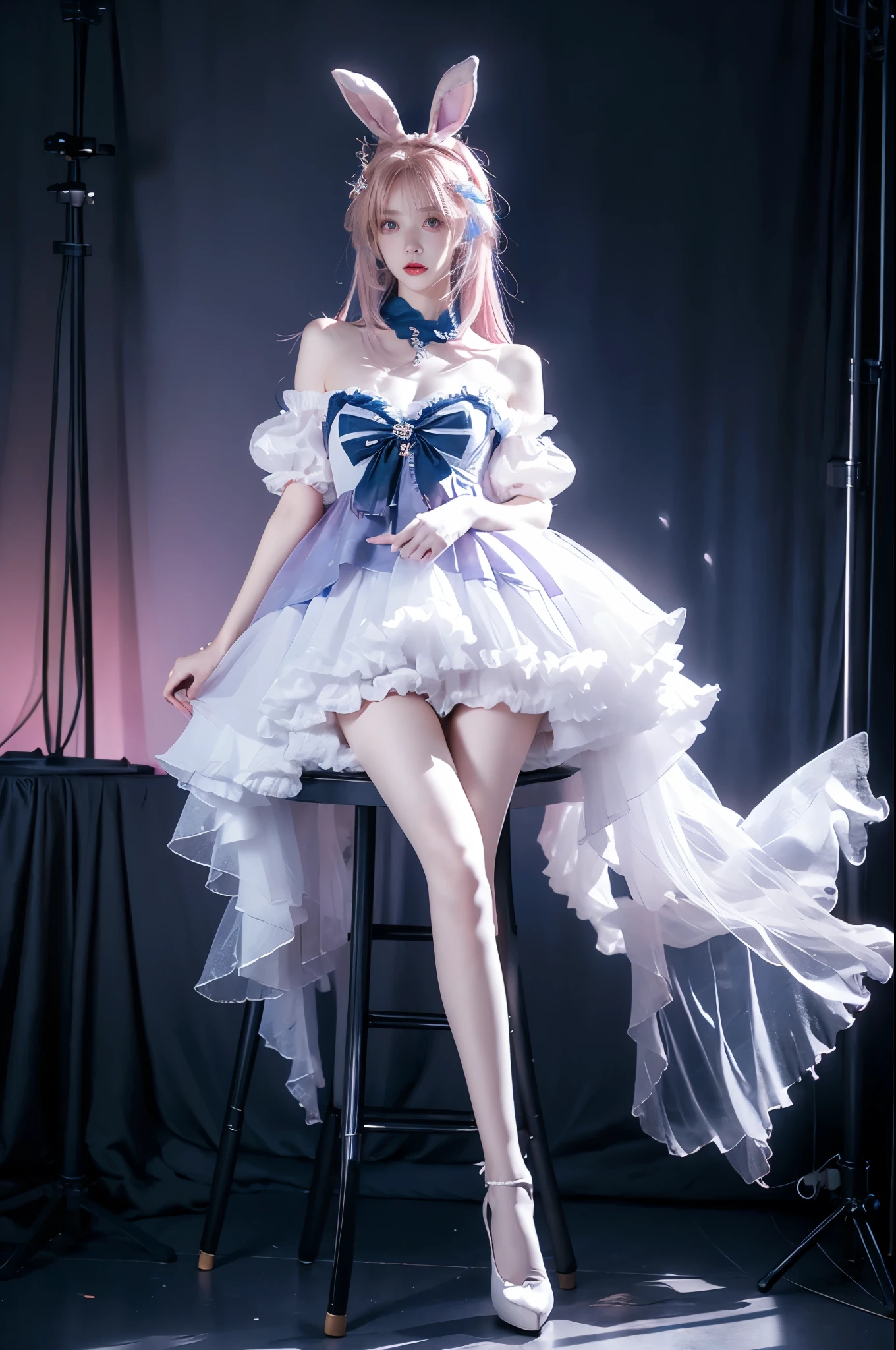 sangonomiya kokomi cosplay costume, sangonomiya kokomi, genshin impact, cosplay, alternate costume, pink hair, gradient hair, multicolored hair, long hair, dress, off-shoulder dress, frilled dress, frills, bow, detached collar, detached sleeves, dress bow, bare shoulders, fake animal ears, animal ears, rabbit ears, hair ornament, gloves, white gloves, thighhighs, white high heels ,, (photorealistic:1.2), beautiful young woman, (full body shot:1.4), elegant pose, sitting on stone bench, (anatomically perfect legs:1.4), (long slender legs:1.3), (graceful leg posture:1.2), elegant crossed legs, smooth knee definition, natural ankle position, (proper leg proportions:1.3), realistic leg muscles, perfect calf shape, (dark moody atmosphere:1.3), (rococo style:1.1), soft pastel colors, (plasma blue flames:1.2), (glowing butterflies:1.2), ethereal lighting, surreal elements, cinematic composition, intricate details, high fashion, flowing dress, perfect symmetry, studio lighting, high quality, masterpiece, 8k uhd, ornate details, dramatic shadows, rule of thirds composition,natural leg joints, correct knee placement, proper thigh length, anatomically correct ankles, realistic leg curvature, perfect leg symmetry, fashion model legs, professional leg pose, runway model proportions,wide shot, full figure, clear view, high-end fashion photography, professional photography, perfect composition, golden ratio