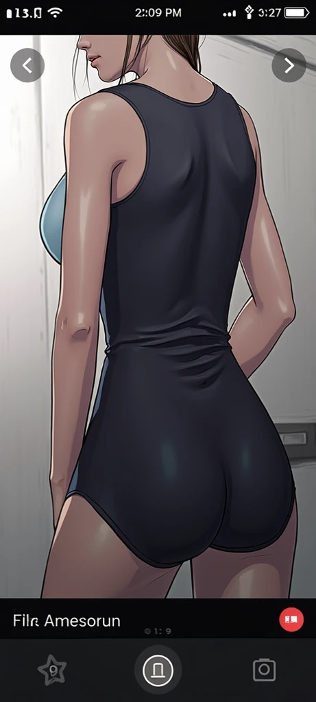 1 girl,back,girl being touched by an old man,Black tight suit,blush,embarrassing,shy,blue eyes,Sweat,an old man touches