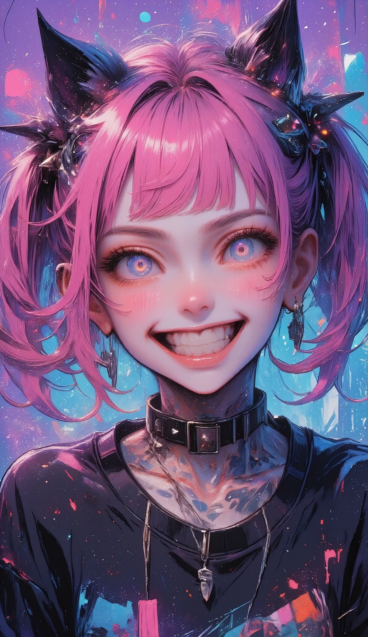  a close up of a person with pink hair and perforations,  squinting eyes  , bangs above the eyebrows,  half-open mouth perfect teeth sticking out just the tongue ,  cheerful image wears dog collar with spikes and chains ,  black sweatshirt , tattoos, violet and cyan background ,  Cyberpunk art inspired by Ross Tran ,  trend in CGSociety , Gothic art, Ross Tran!!!, Ross Tran style,  in the style of Ross Tran , Ross Tran 8 K, ross drawings 1. 0,  artwork in the style of Guweiz , anime vibes, :: ross drawings