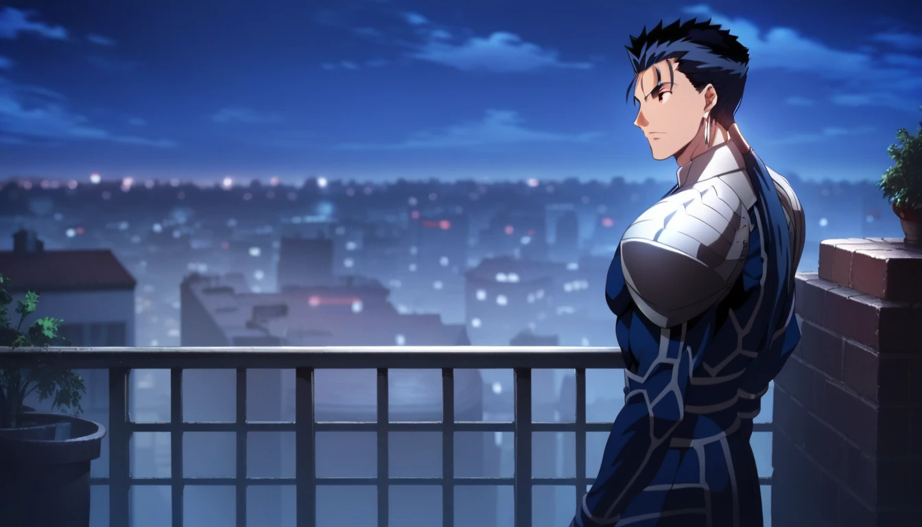 score_9_up, score_8_up, score_7_up, source_anime, detailed face,detailed body,detailed eyes,perfect eyes, Highest Quality, lancer_fsn, blue hair, red eyes, long hair, ponytail, spiked hair
fate/stay night
earrings, jewelry
armor, shoulder armor,From side,full body,newyork CITY,night,rooftop,total 1 boy,Distant view