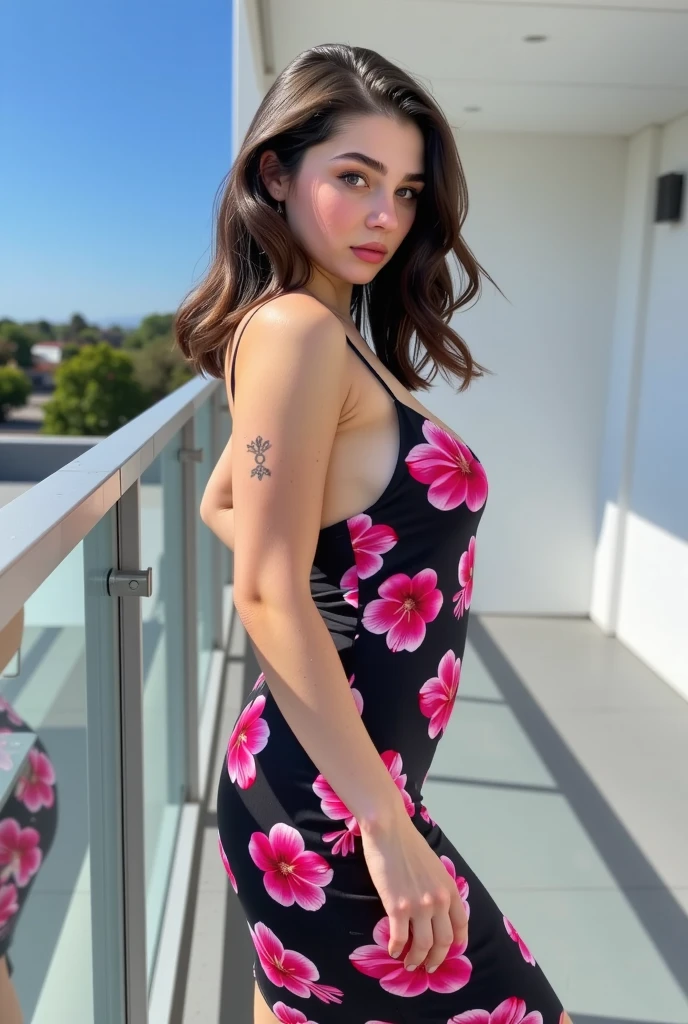 A photo of a young woman named mia posing outdoors on a balcony or rooftop. She is facing sideways, with her left arm leaning on a glass railing, and her right hand resting on her hip. The woman has a fair skin tone and long, dark brown hair that cascades over her shoulders. She is wearing a tight, sleeveless dress made of a smooth, satin-like fabric. The dress is predominantly black with a floral pattern of deep pink and magenta flowers, which accentuates her hourglass figure. The dress has thin spaghetti straps and a slight V-neckline, which highlights her medium-sized breasts.

Her facial expression is sultry, with slightly parted lips and a confident, alluring gaze directed towards the camera. She has a tattoo on her left forearm, which is partially visible. The background features a clear, sunny day with a blue sky and a view of trees and distant buildings. The balcony or rooftop has a light gray concrete floor, and there is a white structure or wall behind her, contributing to the modern, minimalist aesthetic of the setting. The overall mood of the photograph is sensual and stylish, capturing the woman's confident, provocative pose in a chic, urban setting.