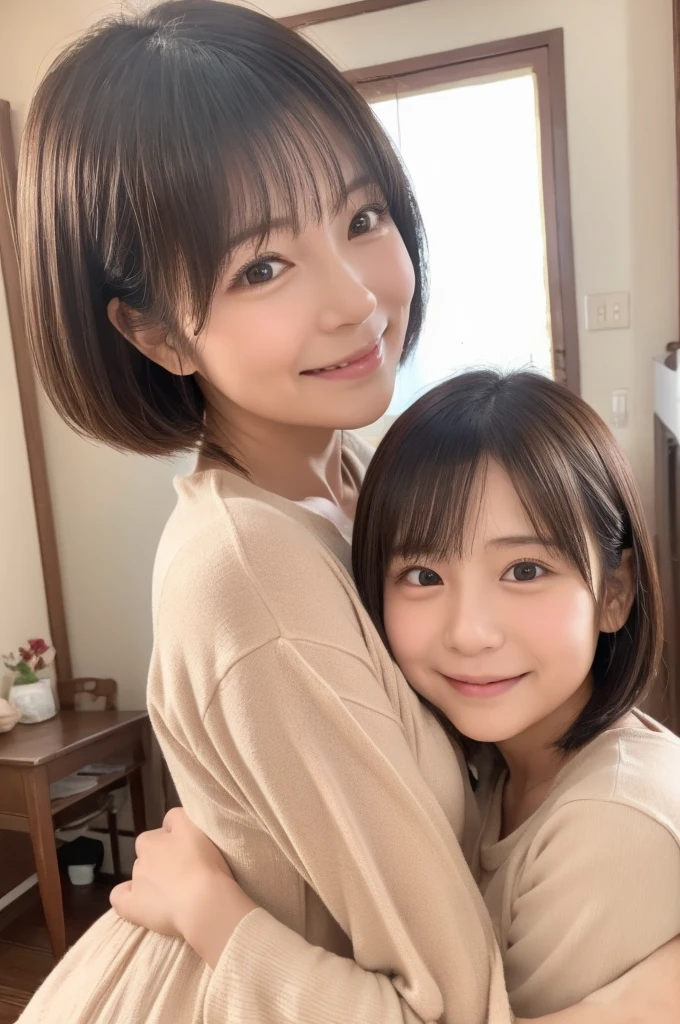  Japanese、8k、 ultra detail、フォト real、Realistic and accurate depiction、Realistic and accurate human anatomy、 high definition 、 top quality、Wife、Perfect cuteness、 random hairstyle、 real、Beauty、Idol、 gentle expression 、makeup、happinessそうな笑顔、masterpiece、 refreshing、wife、35歳のwife、 little daughter、 two-shot photo 、happiness、2 people、 short hair、Inside a Western-style house、Coming to the camera、happinessそうな表情、A loving smile、happinessそうな親子、 no makeup