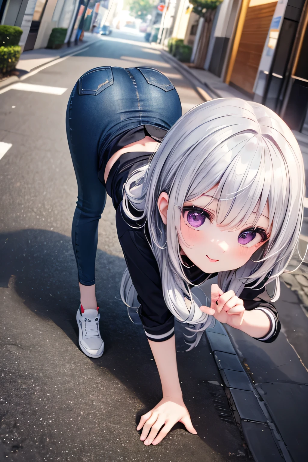Masterpiece , top quality, absurd, high definition , ultra detail, Highly Detailed CG Unity 8K Wallpaper , 1 cute cute nice girl , beautiful attention to detail, (Skinny pants 1.2), on all fours、 angle、 natural color lip, random sexy poses trending this year,smile, Walking Along Aoyama Street((( purple eyes, Silver Hair)))