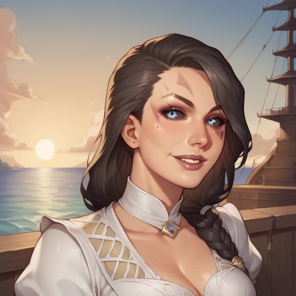 (((beautiful, high quality, comics style, detailed face))), score_9, score_8_up, score_7_up, BREAK, fantasy, female, ashrah, black sclera, ((facial marks)), seductive, smile, (dressed like a Sexy pirate, White Shirt, Long puffy sleeves), female focus, solo:1.4, portrait, upper body, portrait, looking at the viewer, Outside, Huge Ocean in Background, Huge pirate Ship, fantasy, sun on top picture, blurred background, Expressiveh, detailxl