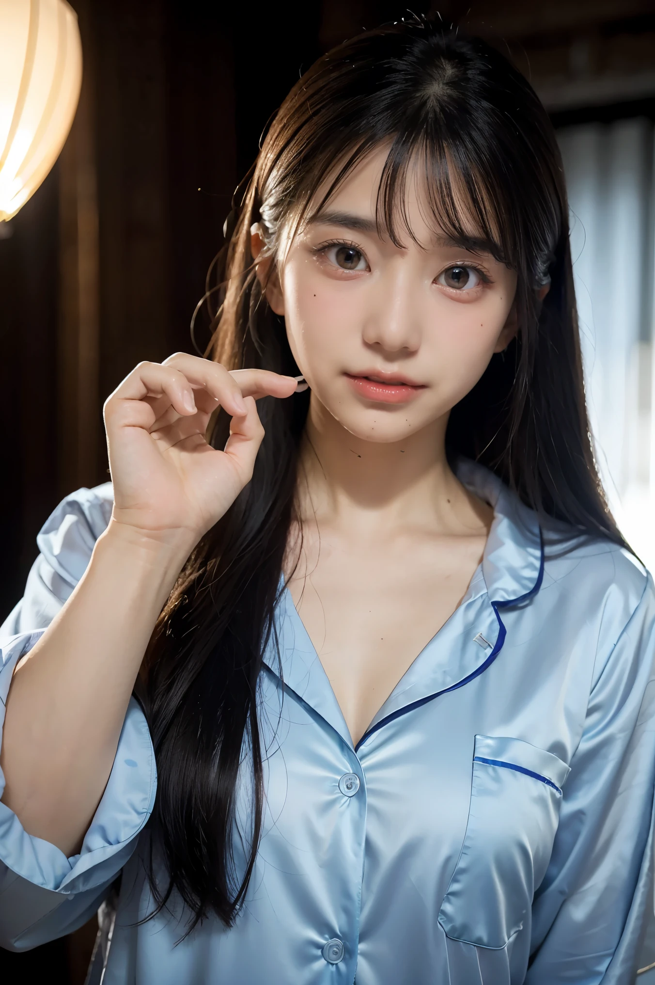 improve hand with 5 well-defined fingers, black gloves, long hair, mysterious eyes, Shiny mysterious light blue hair, mysterious eyes, shining pupils, girl, small smile, glowing sky blue eyes, Japanese cityscape, Pajamas