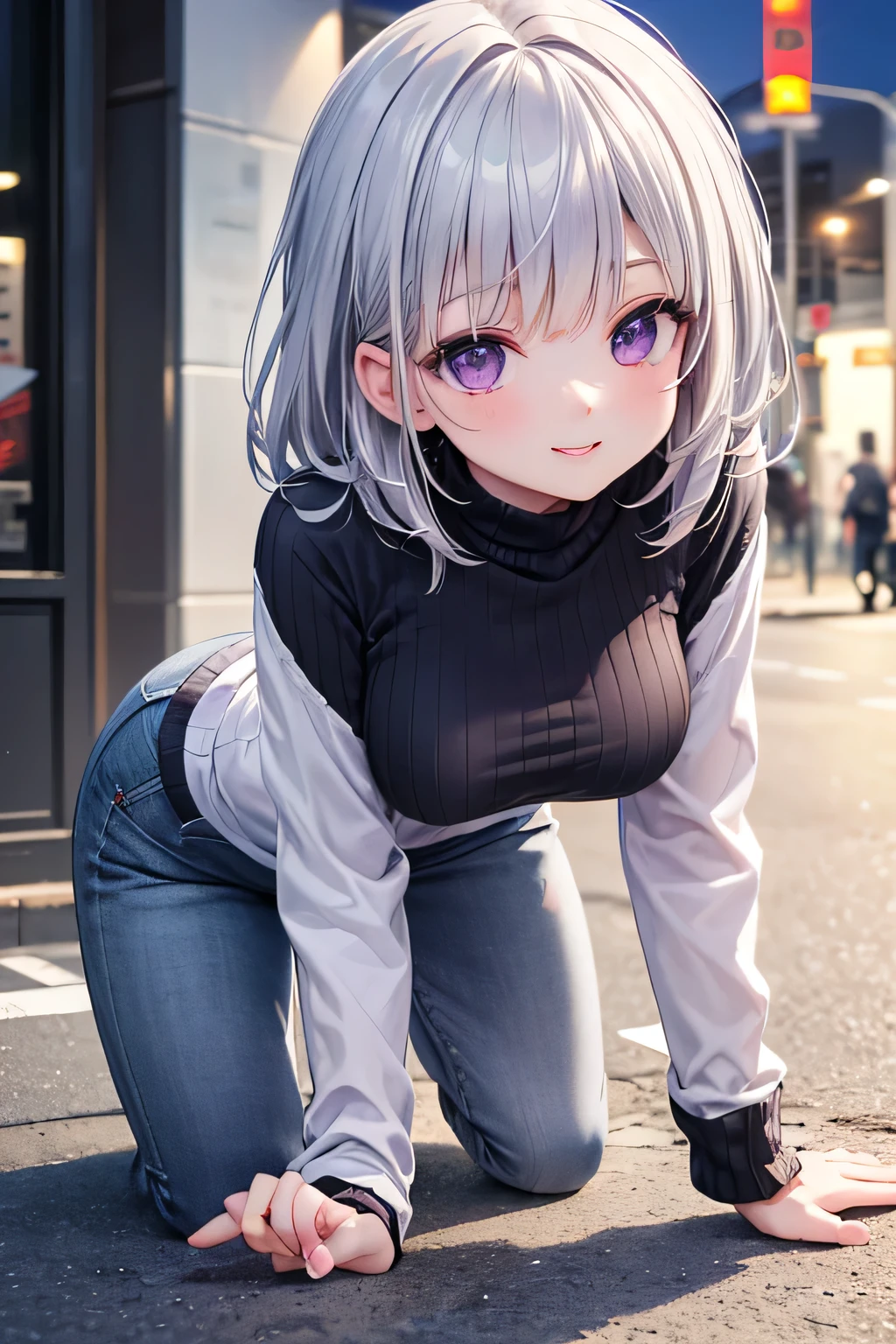 Masterpiece , top quality, absurd, high definition , ultra detail, Highly Detailed CG Unity 8K Wallpaper , 1 cute cute nice girl , beautiful attention to detail, (Skinny pants 1.2), on all fours、 angle、 natural color lip, random sexy poses trending this year,smile, Walking Along Aoyama Street((( purple eyes, Silver Hair)))