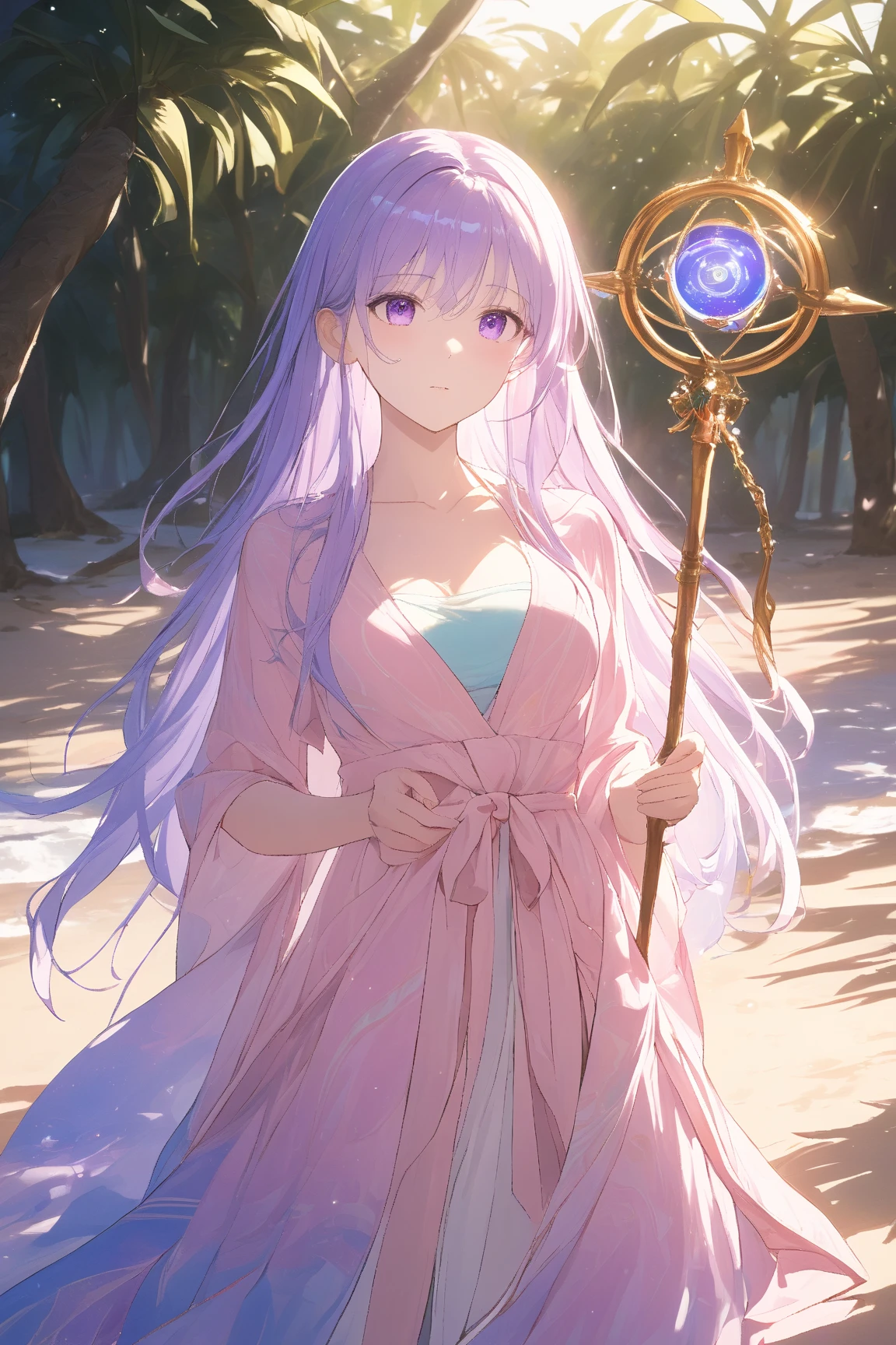 1 girl, (cute face), 19 years old, (long hair:1.2), (focused expression), medium breasts, slender, (wearing a flowing beach robe with mystical patterns), above knee length, (holding a magical staff), (barefoot on the sand), BREAK  
Sunny beach, (drawing a magic circle in the sand with her staff:1.2), gentle waves in the background, seashells scattered around, (seagulls flying overhead), bright and cheerful atmosphere, BREAK  
(natural lighting, soft shadows, warm colors), serene setting, character focus, game cg, BREAK  
absurdres, highres, ultra detailed, beautiful, masterpiece, best quality,