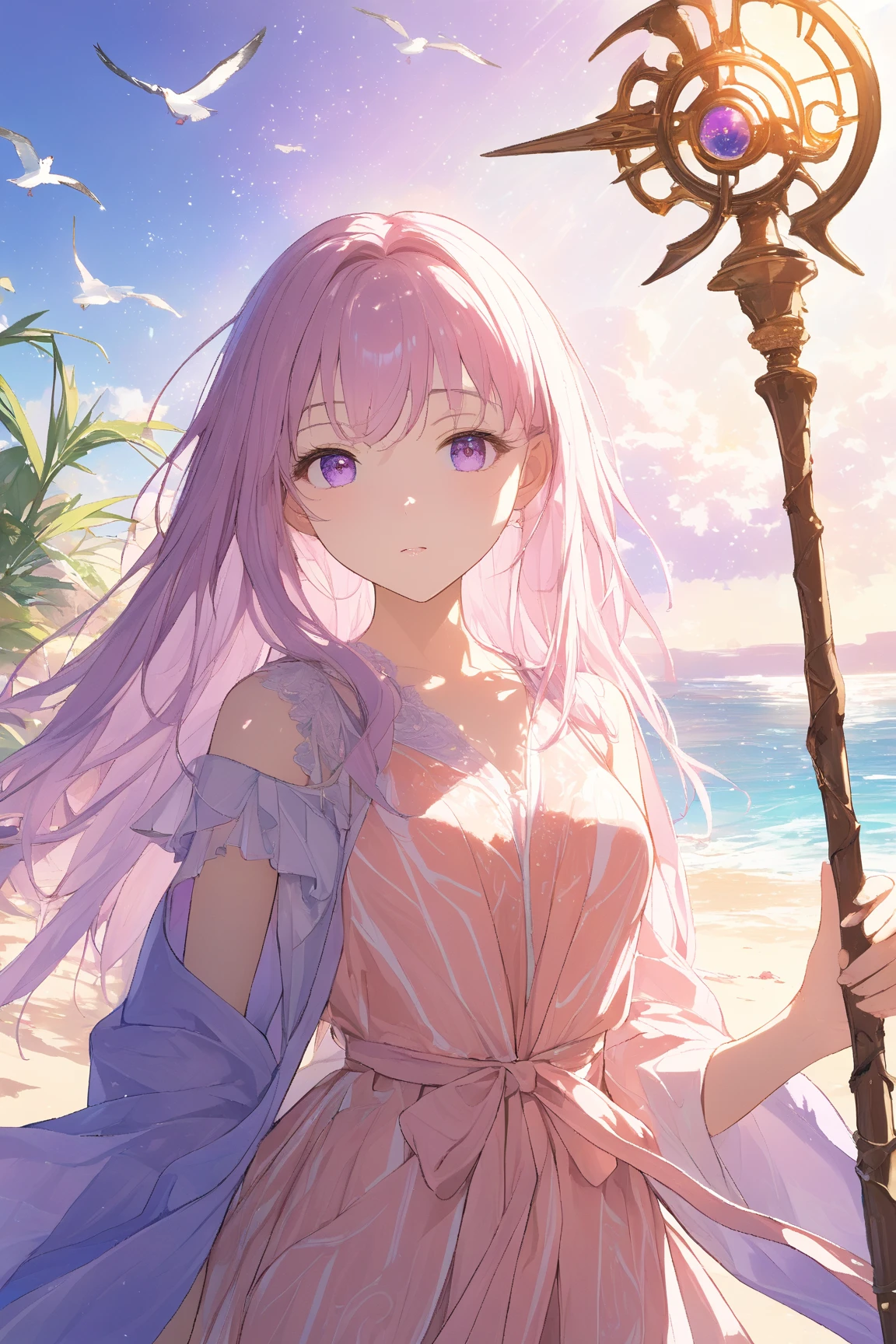 1 girl, (cute face), 19 years old, (long hair:1.2), (focused expression), medium breasts, slender, (wearing a flowing beach robe with mystical patterns), above knee length, (holding a magical staff), (barefoot on the sand), BREAK  
Sunny beach, (drawing a magic circle in the sand with her staff:1.2), gentle waves in the background, seashells scattered around, (seagulls flying overhead), bright and cheerful atmosphere, BREAK  
(natural lighting, soft shadows, warm colors), serene setting, character focus, game cg, BREAK  
absurdres, highres, ultra detailed, beautiful, masterpiece, best quality,