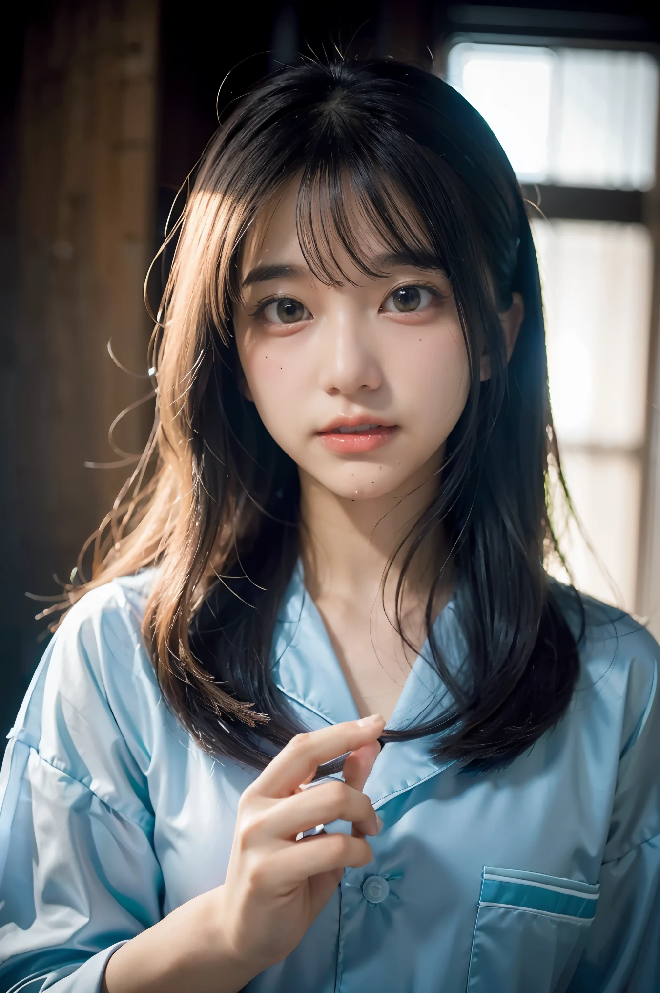 improve hand with 5 well-defined fingers, black gloves, long hair, mysterious eyes, Shiny mysterious light blue hair, mysterious eyes, shining pupils, girl, small smile, glowing sky blue eyes, Japanese cityscape, Pajamas