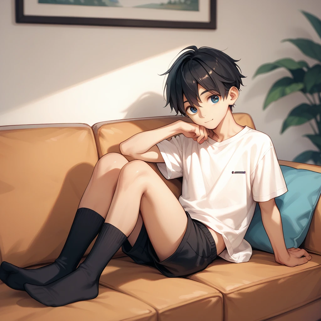  one boy, 140cm boy,  sit on the sofa,  shorts，Black socks,  white shirt ,  black hair,  cute