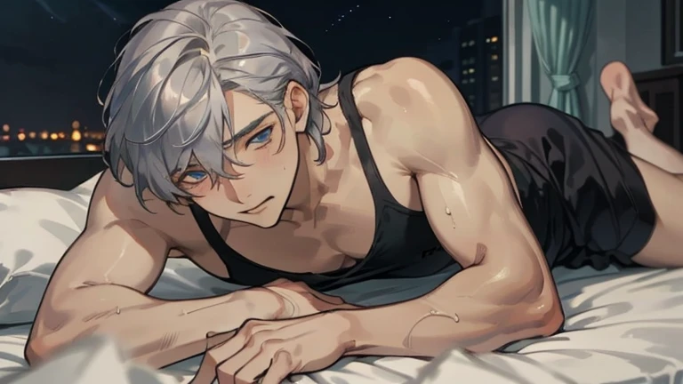   Masterpiece  ,  top quality, One man,Soft Macho,bedroom,  Silver Hair,  blue eyes,night,Lying on the bed and kneeling on the elbow, gentle expression ,